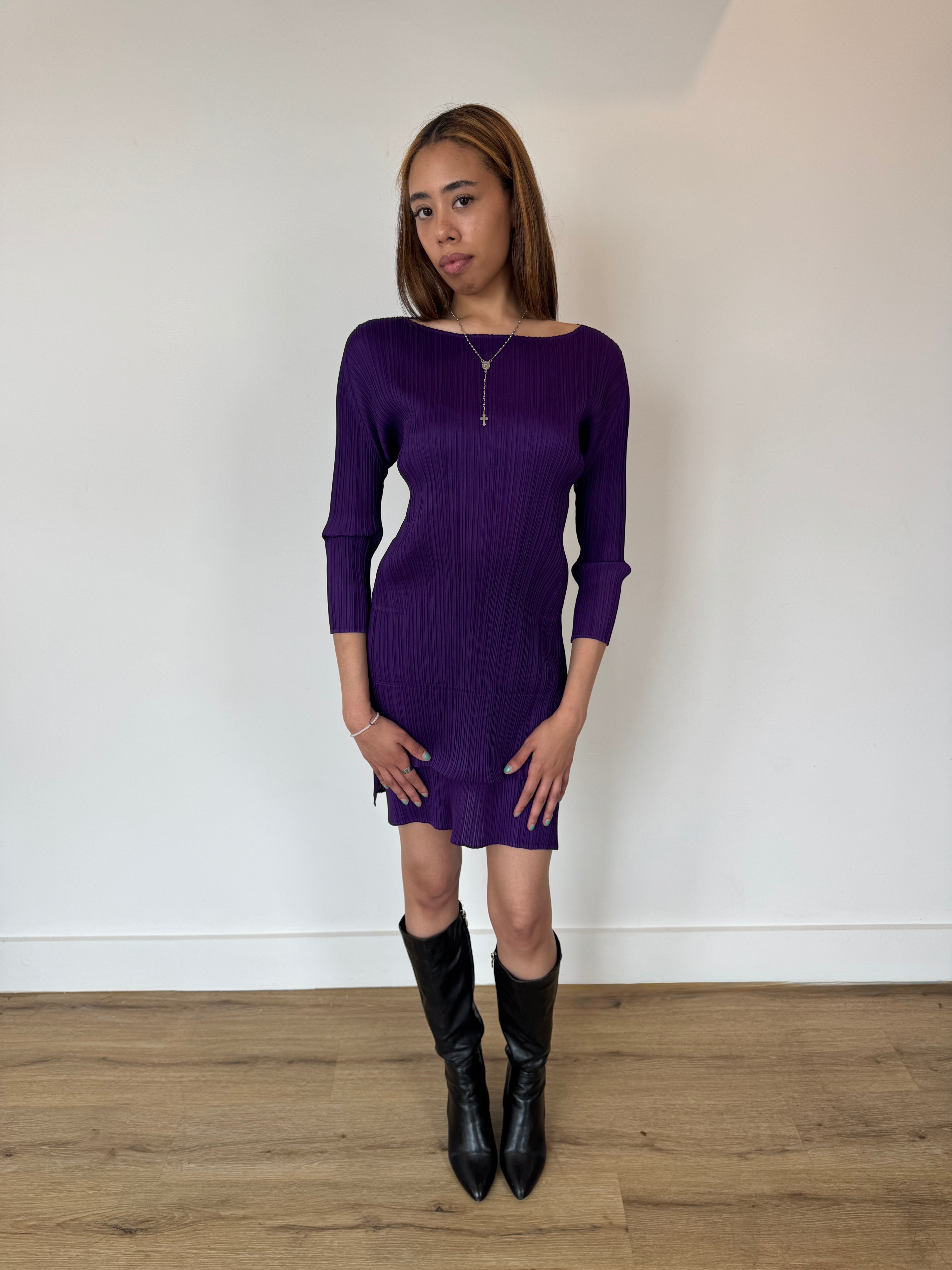 pleats please purple layered mini dress
