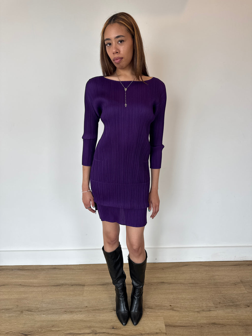 pleats please purple layered mini dress
