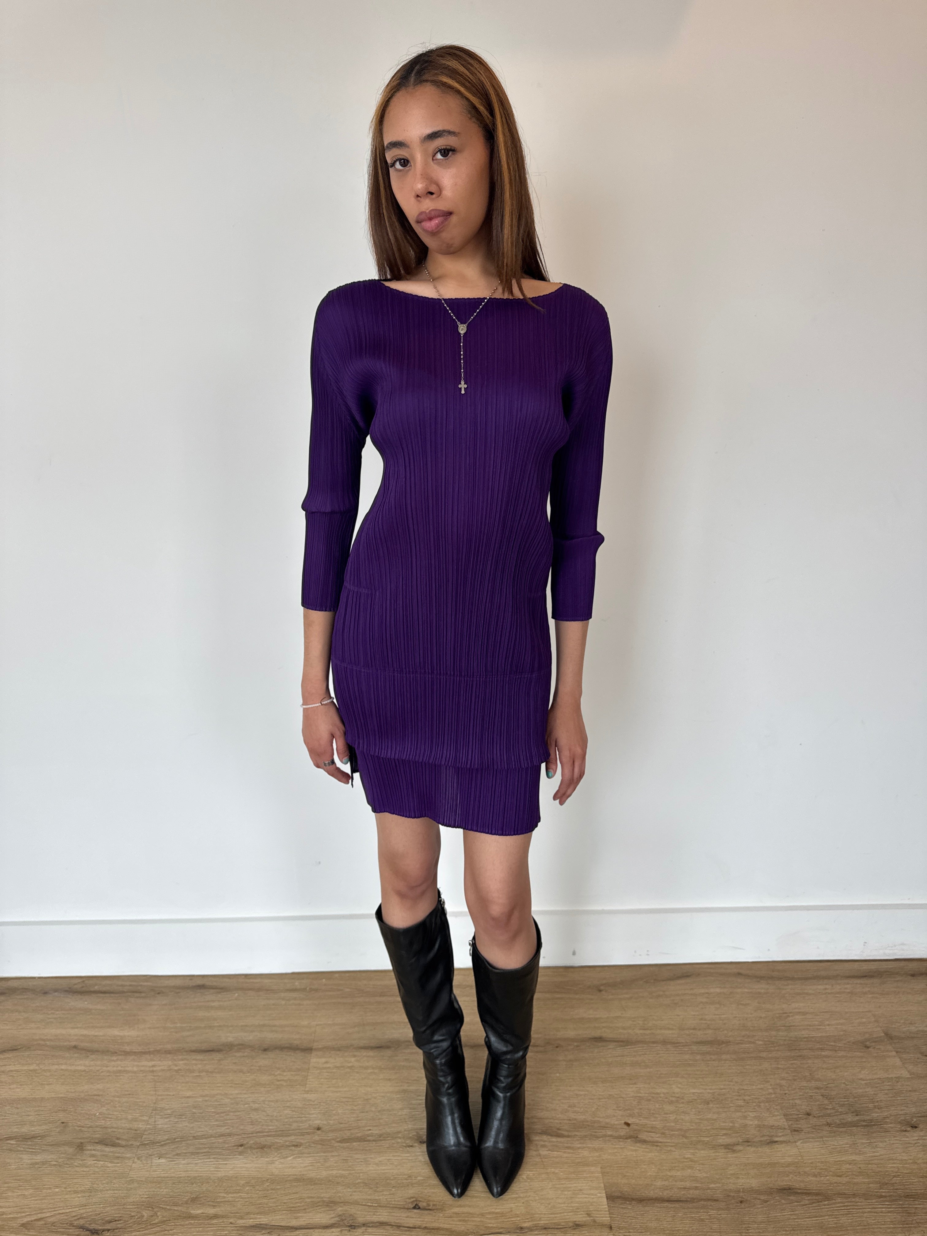 pleats please purple layered mini dress