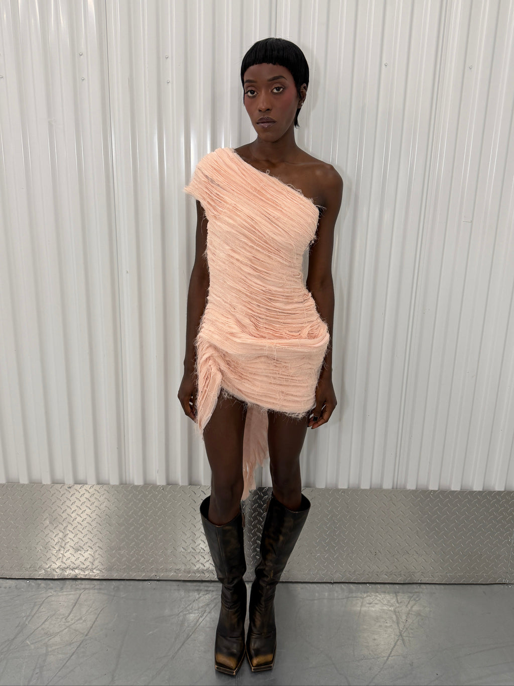 collina strada distressed pink mini dress
