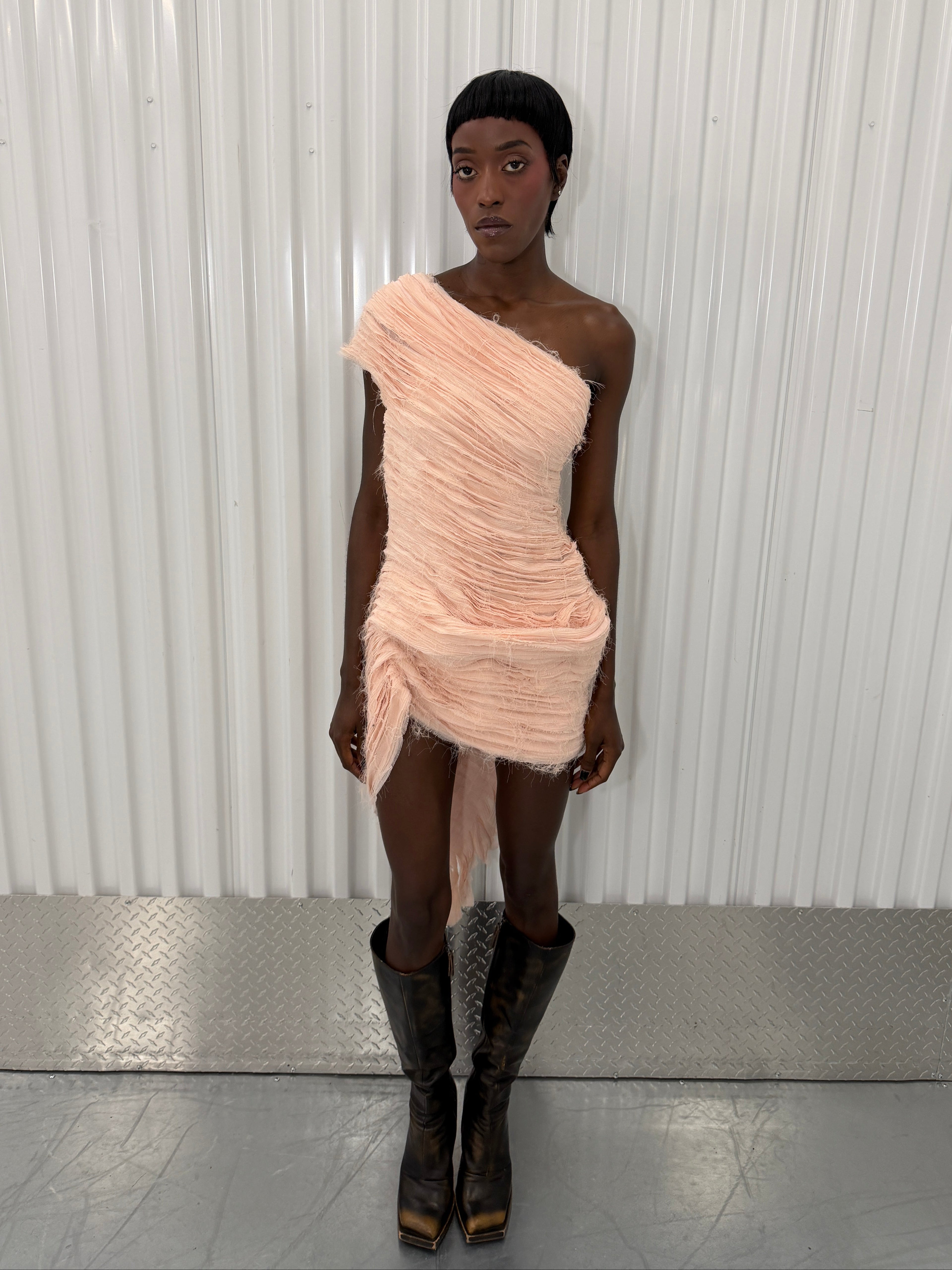 collina strada distressed pink mini dress