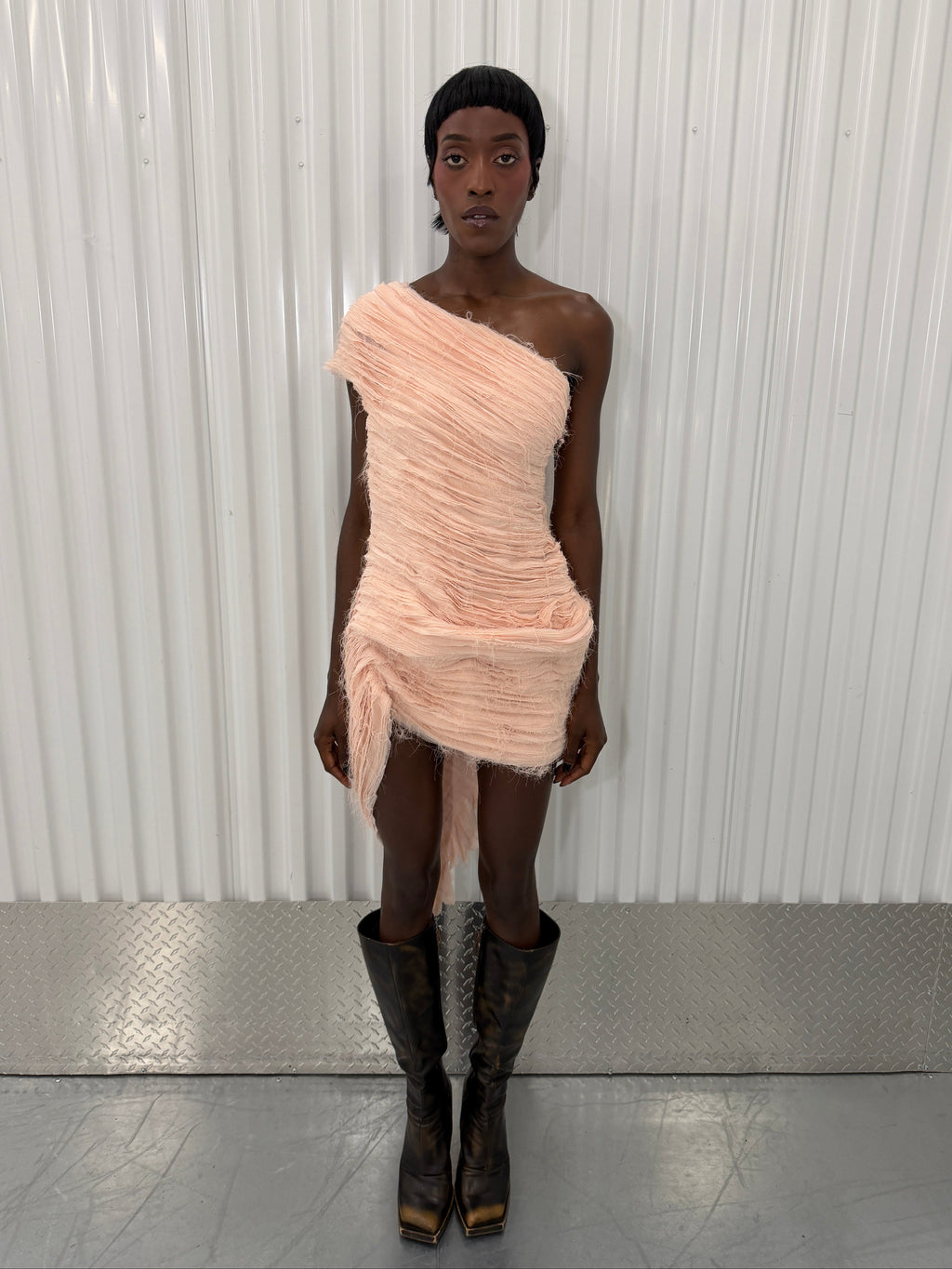 collina strada distressed pink mini dress