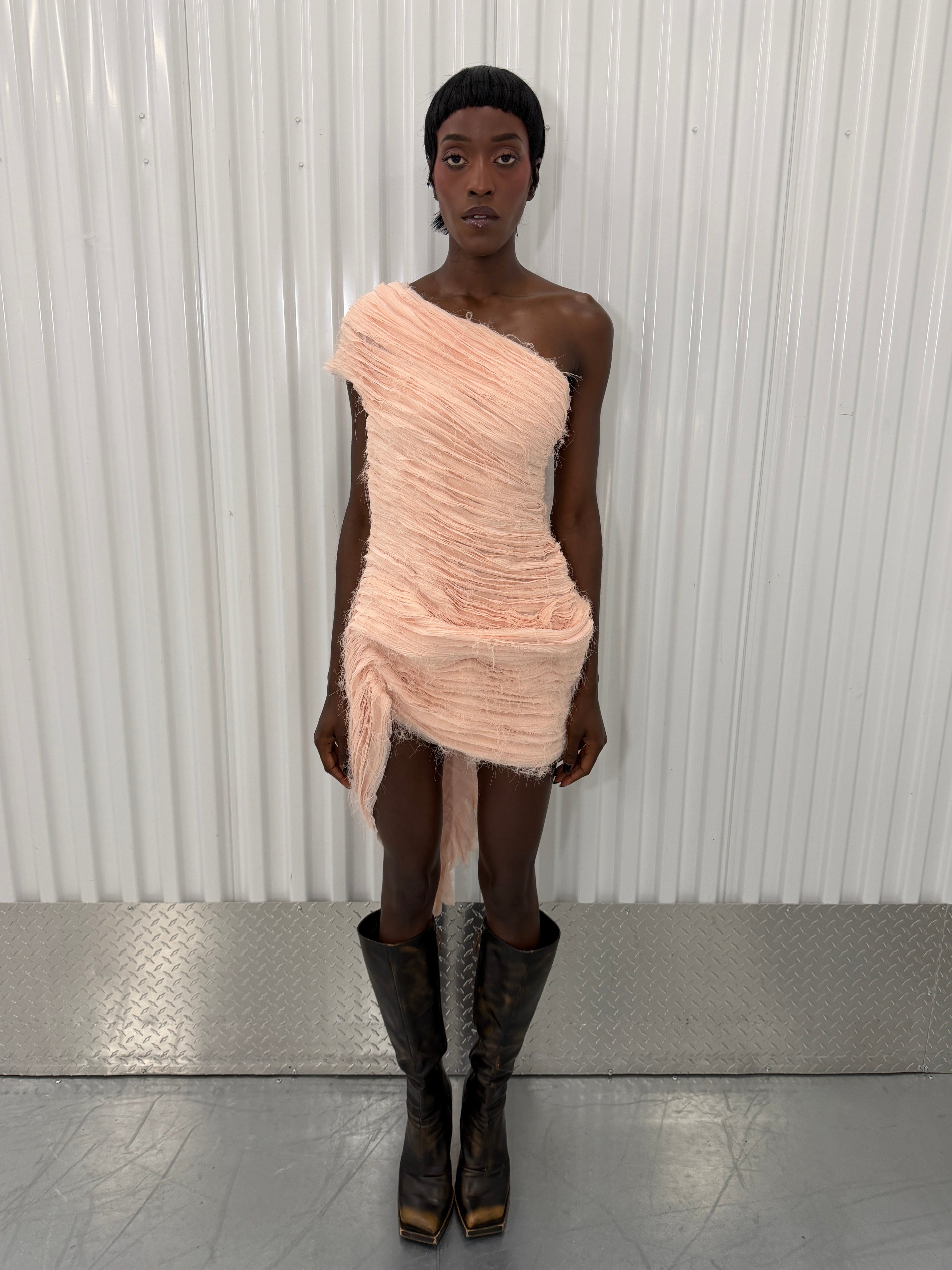 collina strada distressed pink mini dress