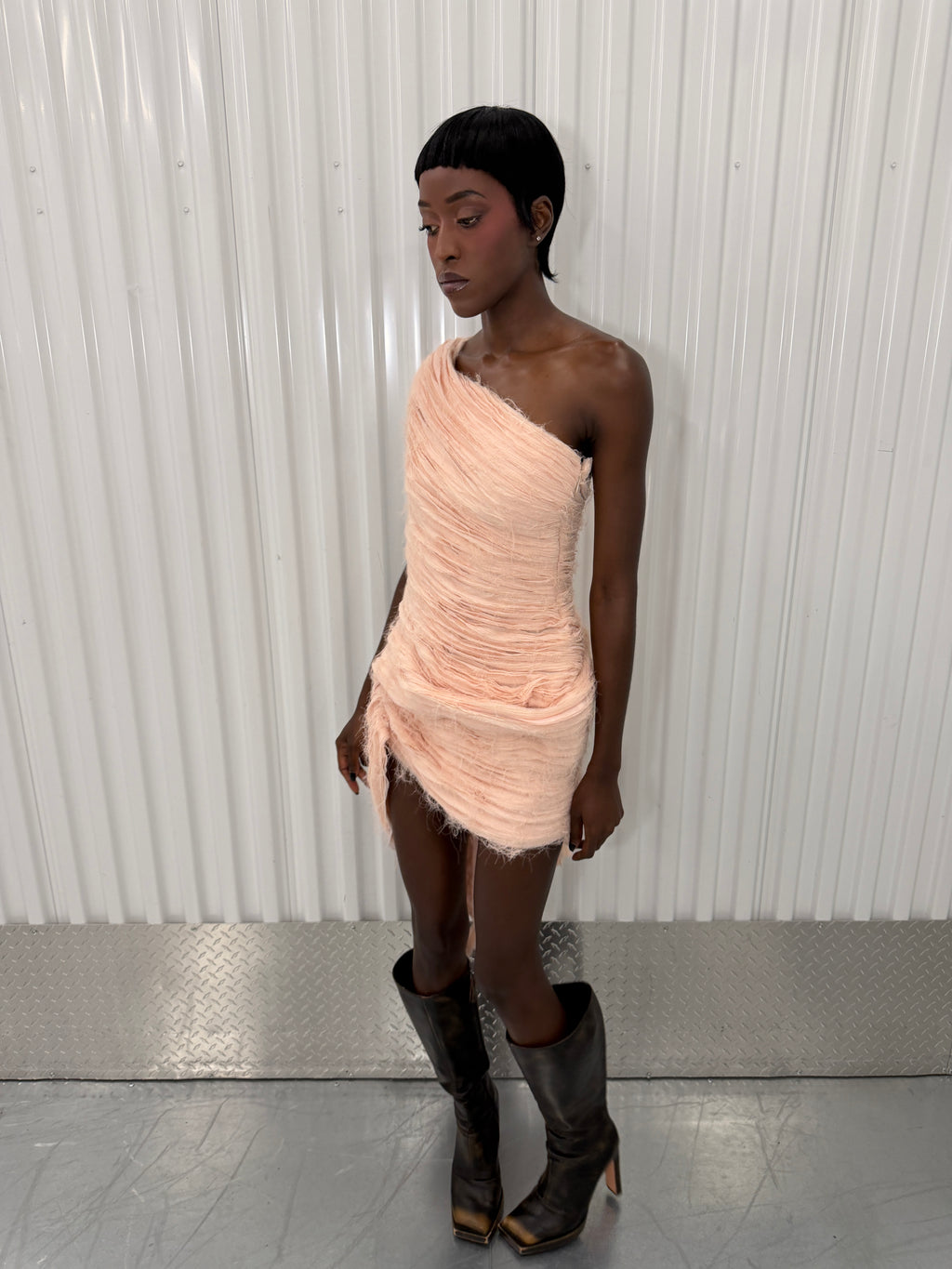collina strada distressed pink mini dress