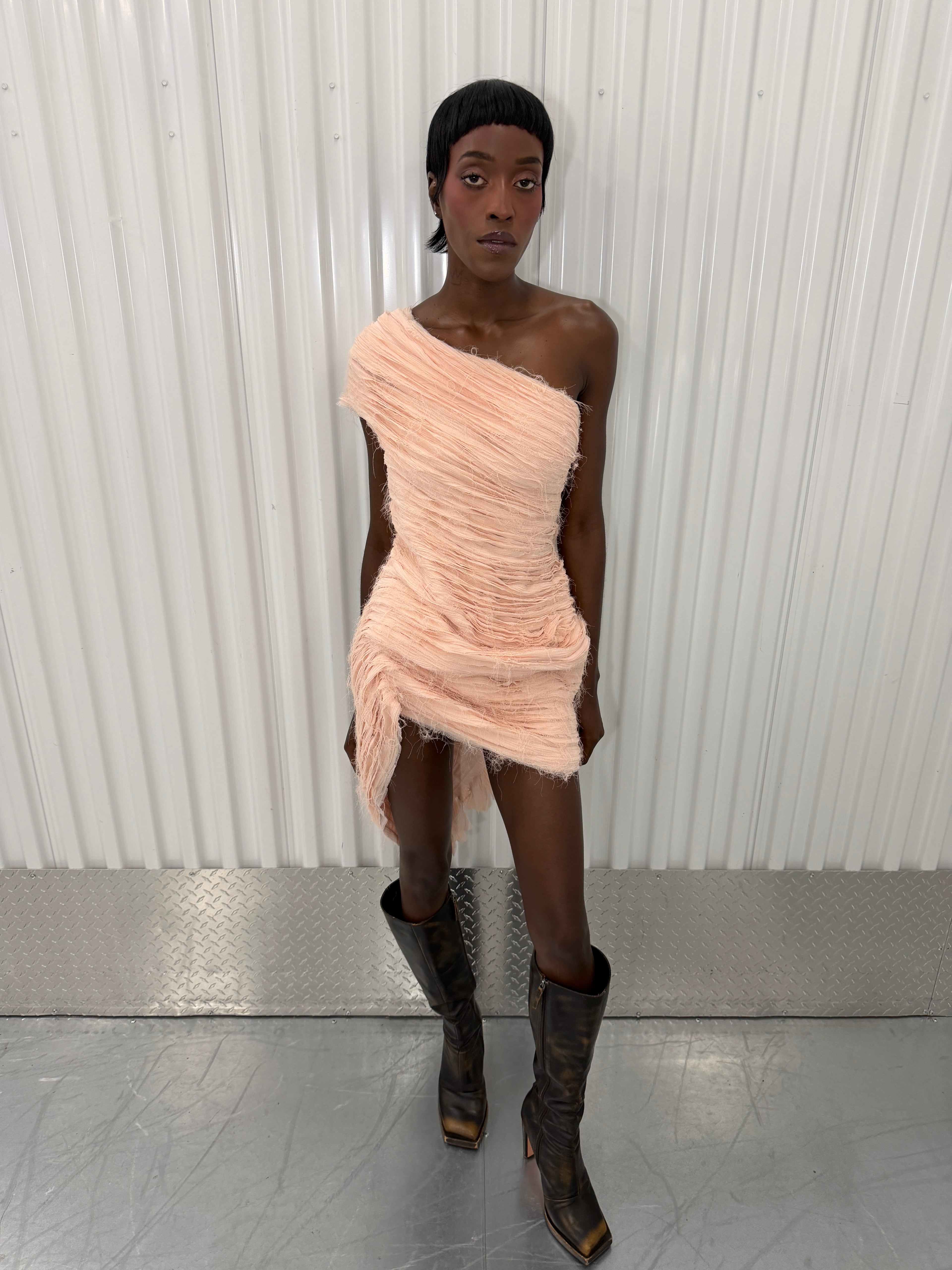 collina strada distressed pink mini dress