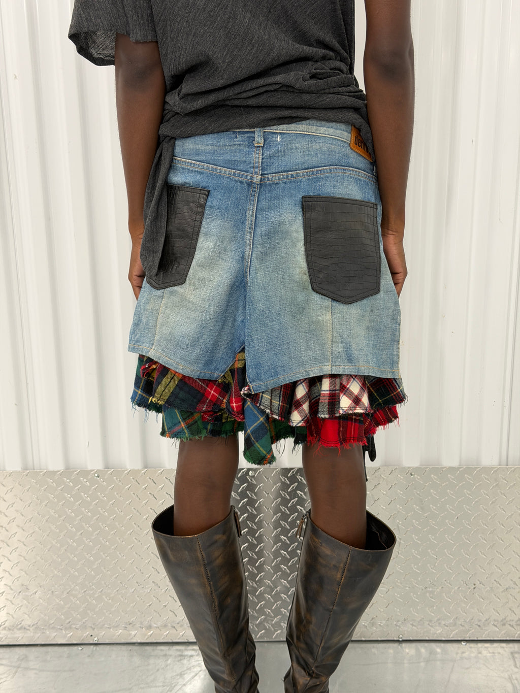 junya wantanabe cdg denim tartan skirt