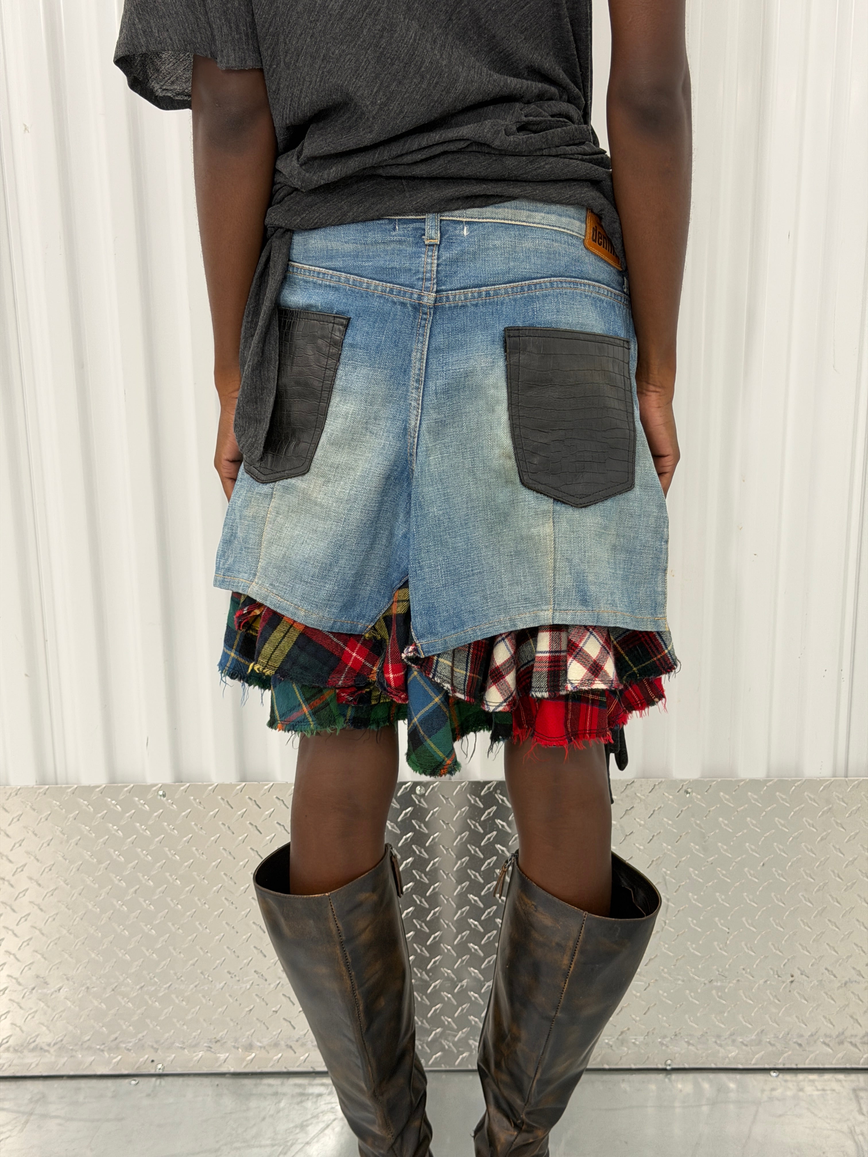 junya wantanabe cdg denim tartan skirt