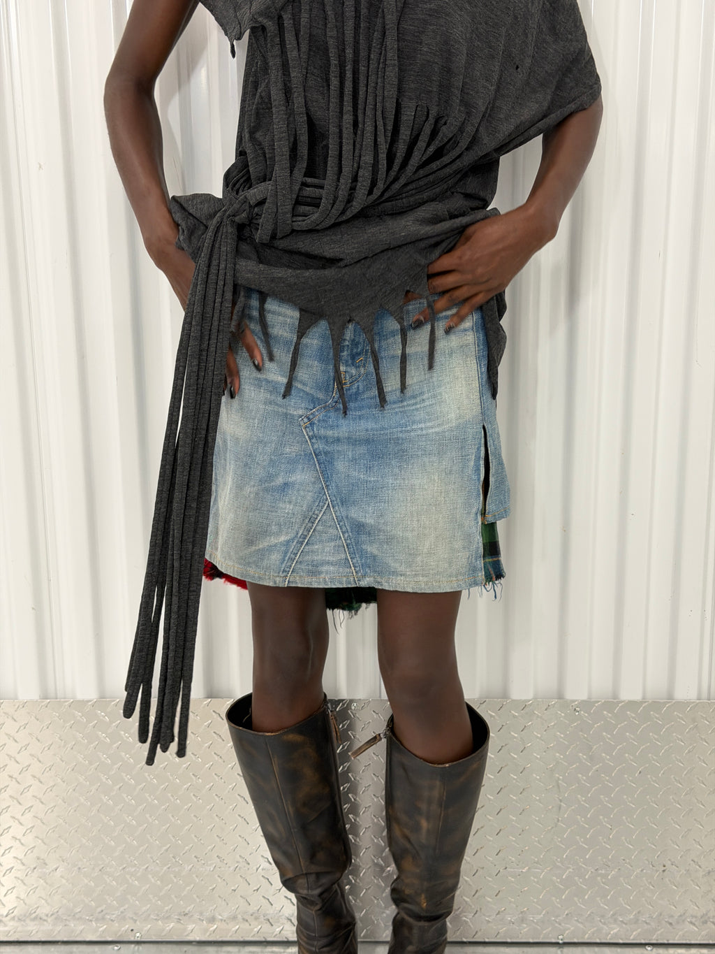 junya wantanabe cdg denim tartan skirt