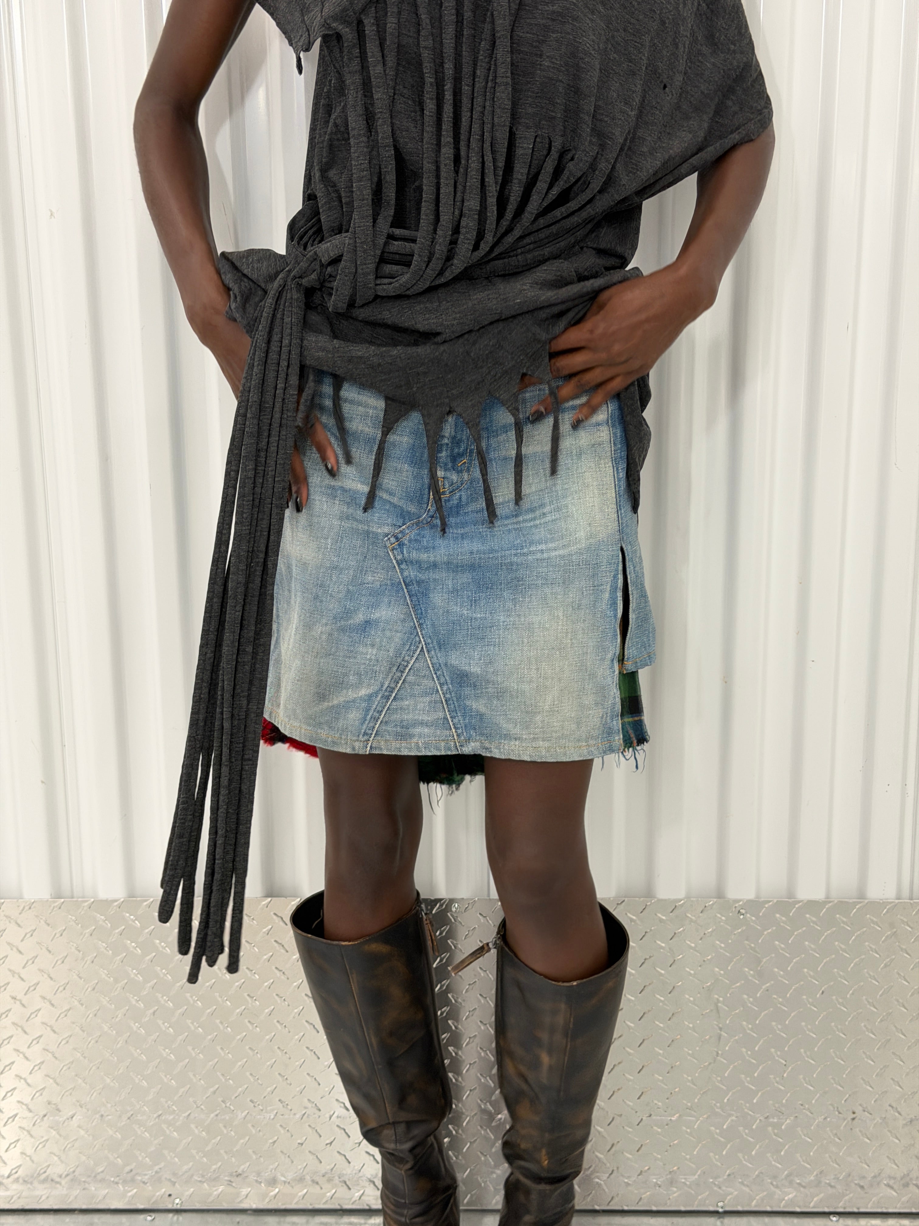 junya wantanabe cdg denim tartan skirt