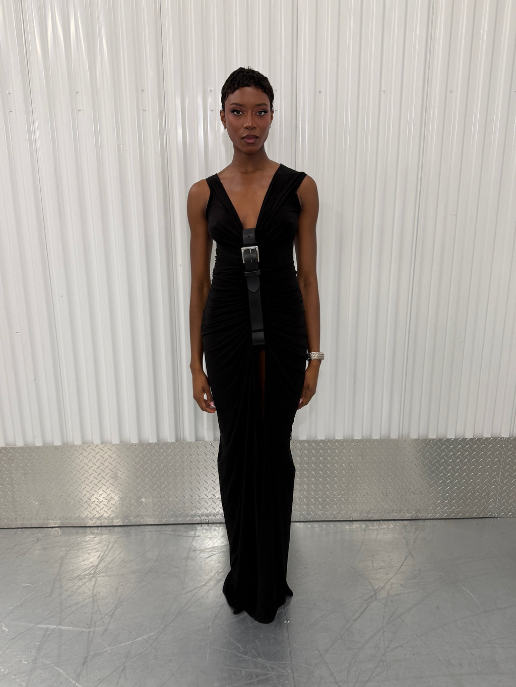 sid neigum gathered belt maxi dress