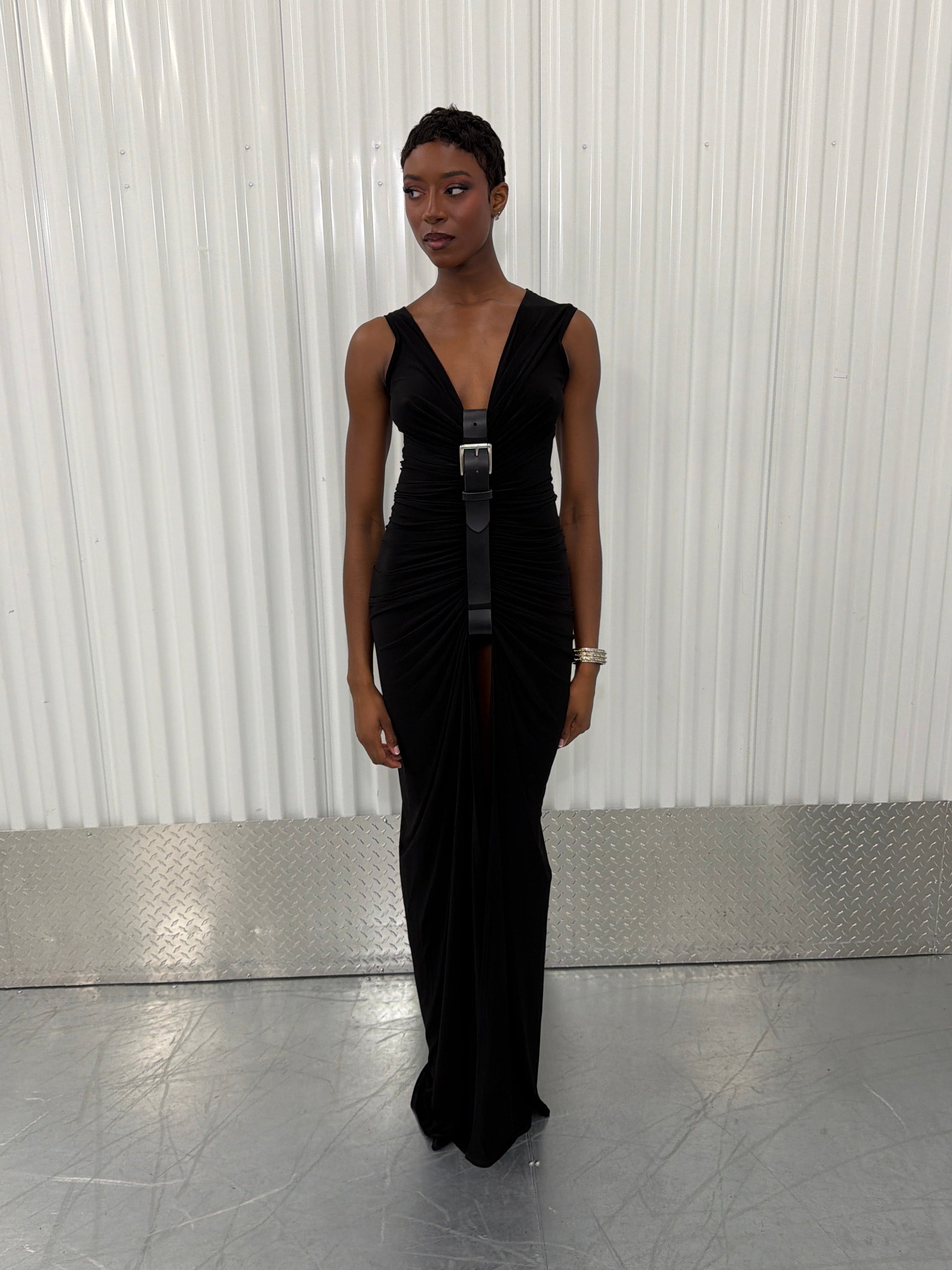 sid neigum gathered belt maxi dress