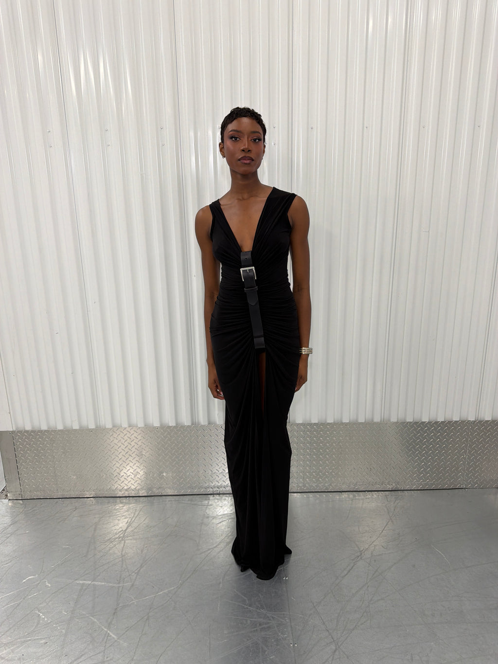 sid neigum gathered belt maxi dress