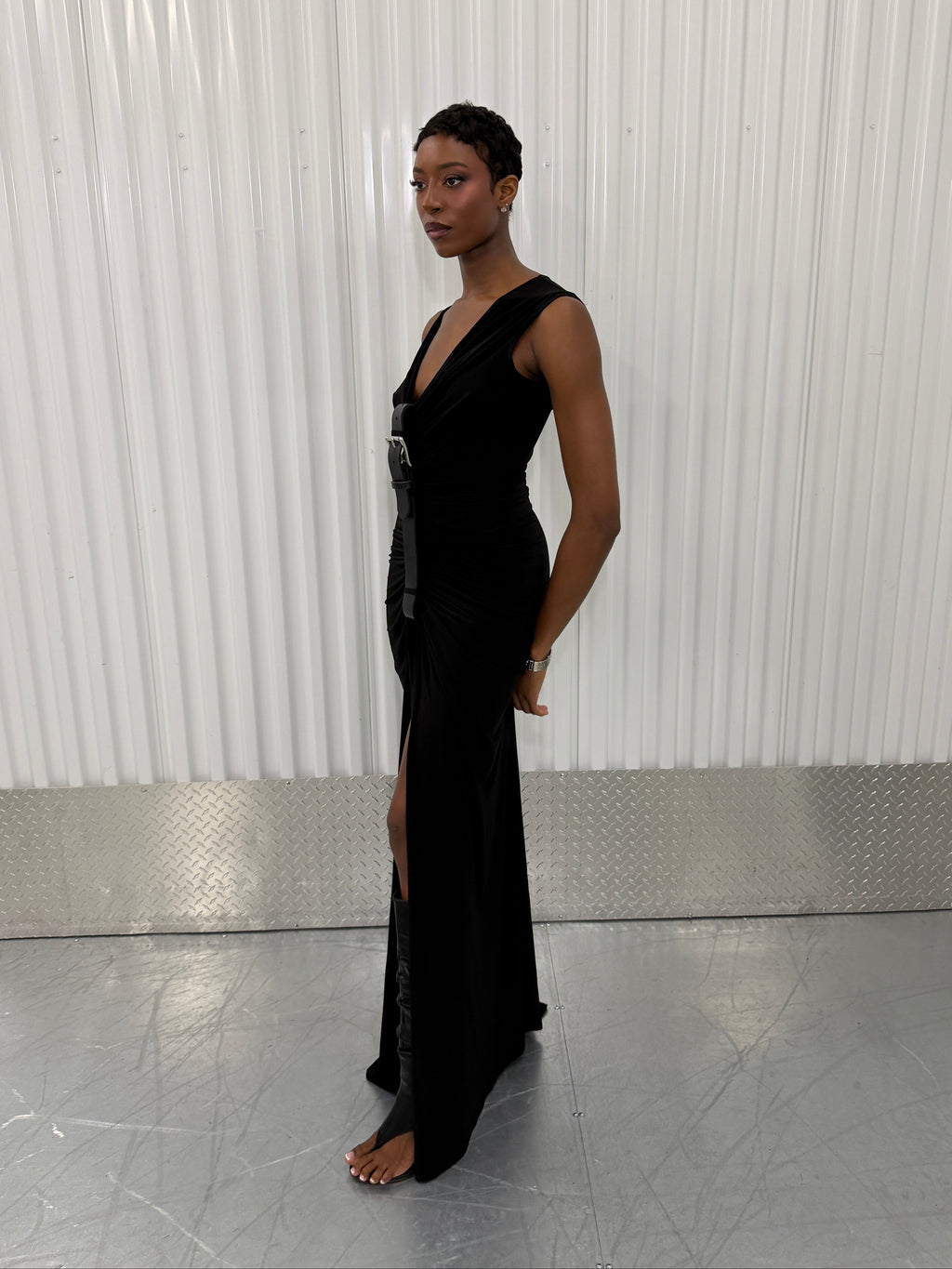 sid neigum gathered belt maxi dress