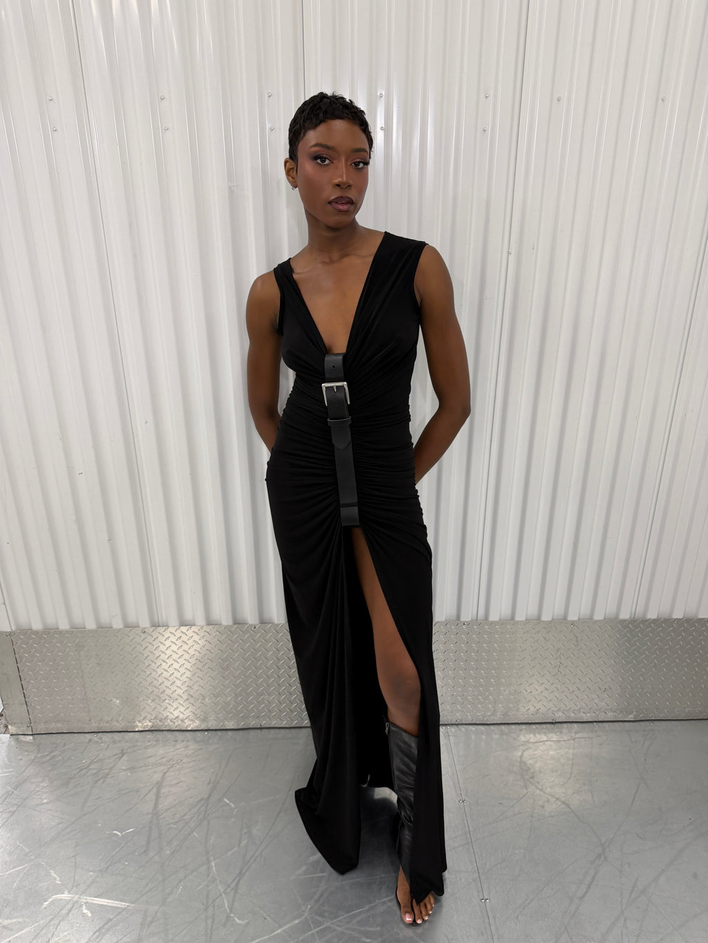 sid neigum gathered belt maxi dress