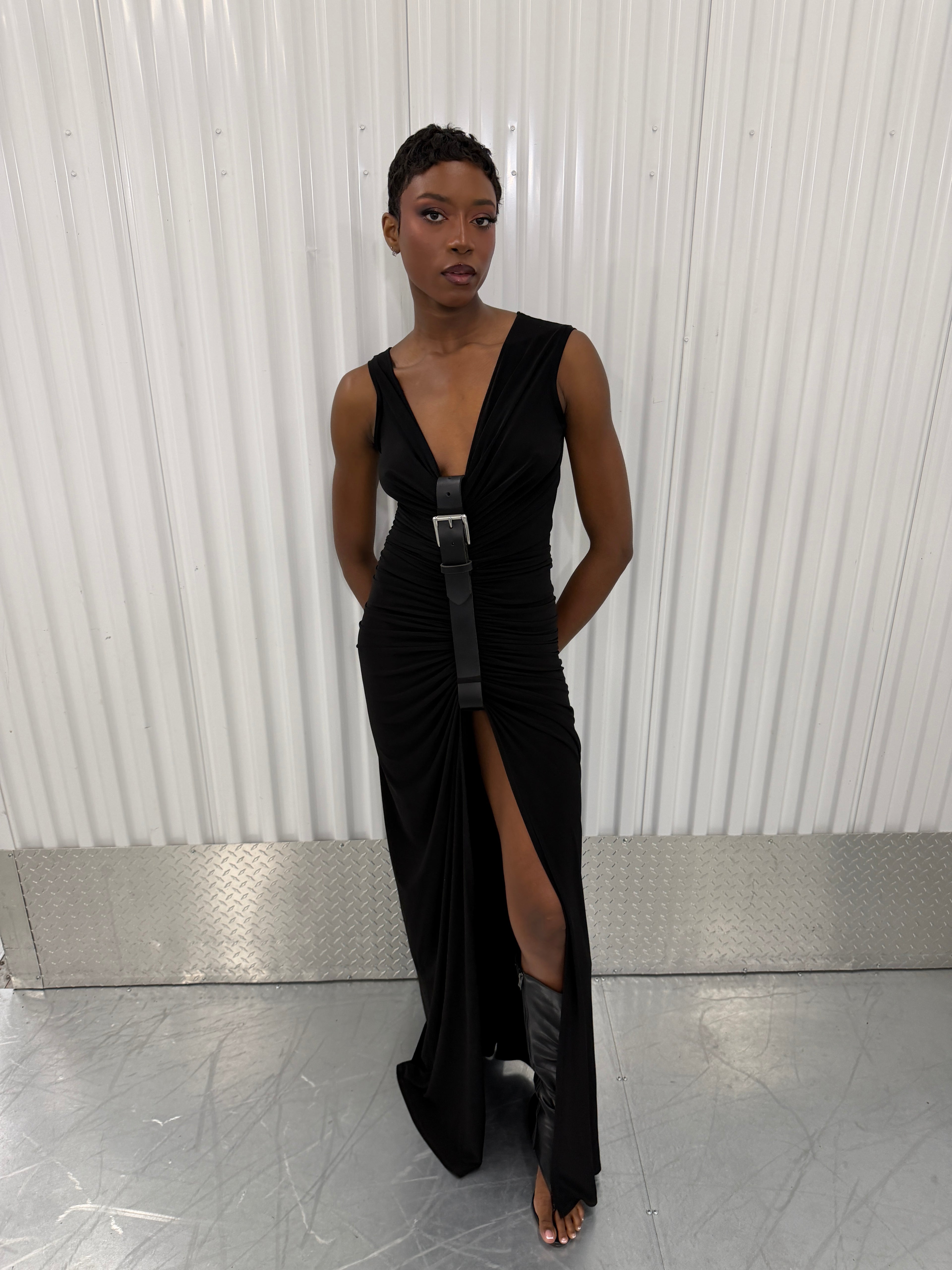 sid neigum gathered belt maxi dress