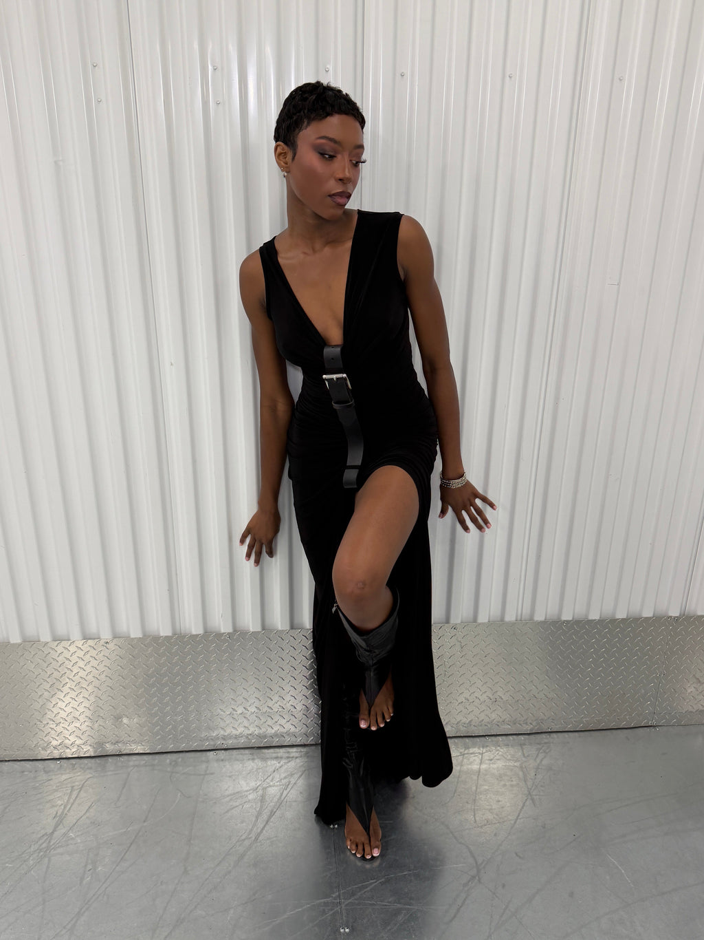 sid neigum gathered belt maxi dress