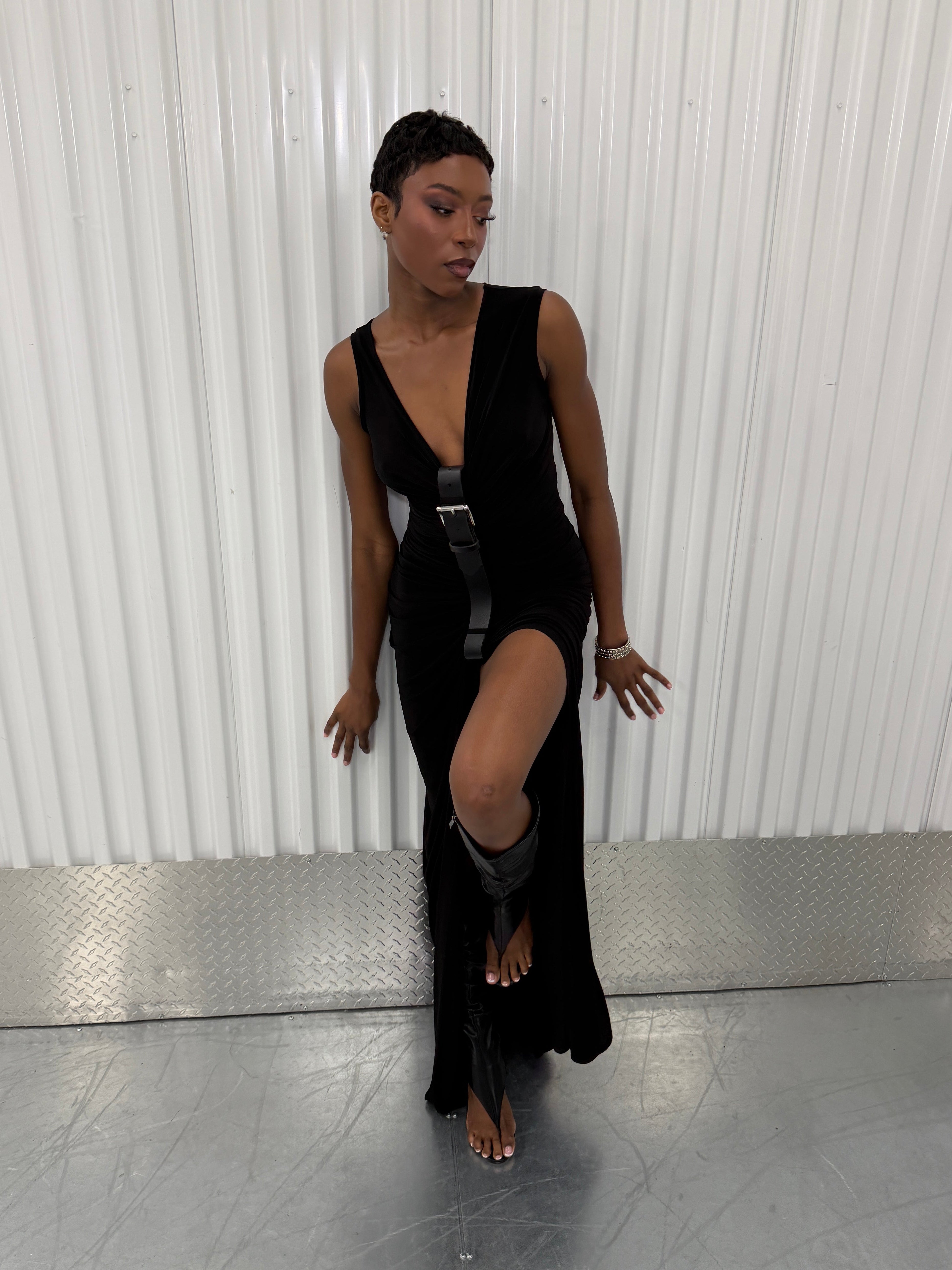 sid neigum gathered belt maxi dress