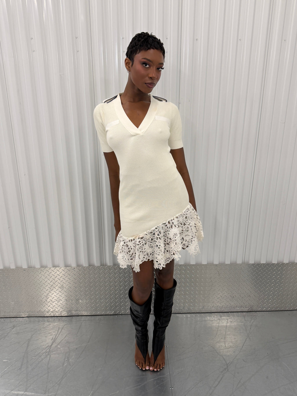 sacai off-white lace knit dress