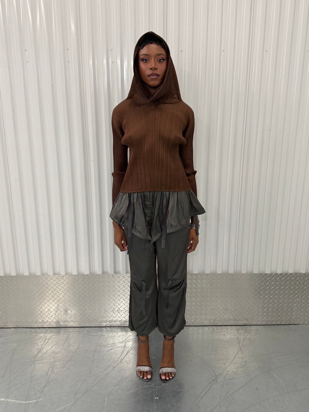 pleats please brown hooded shirt