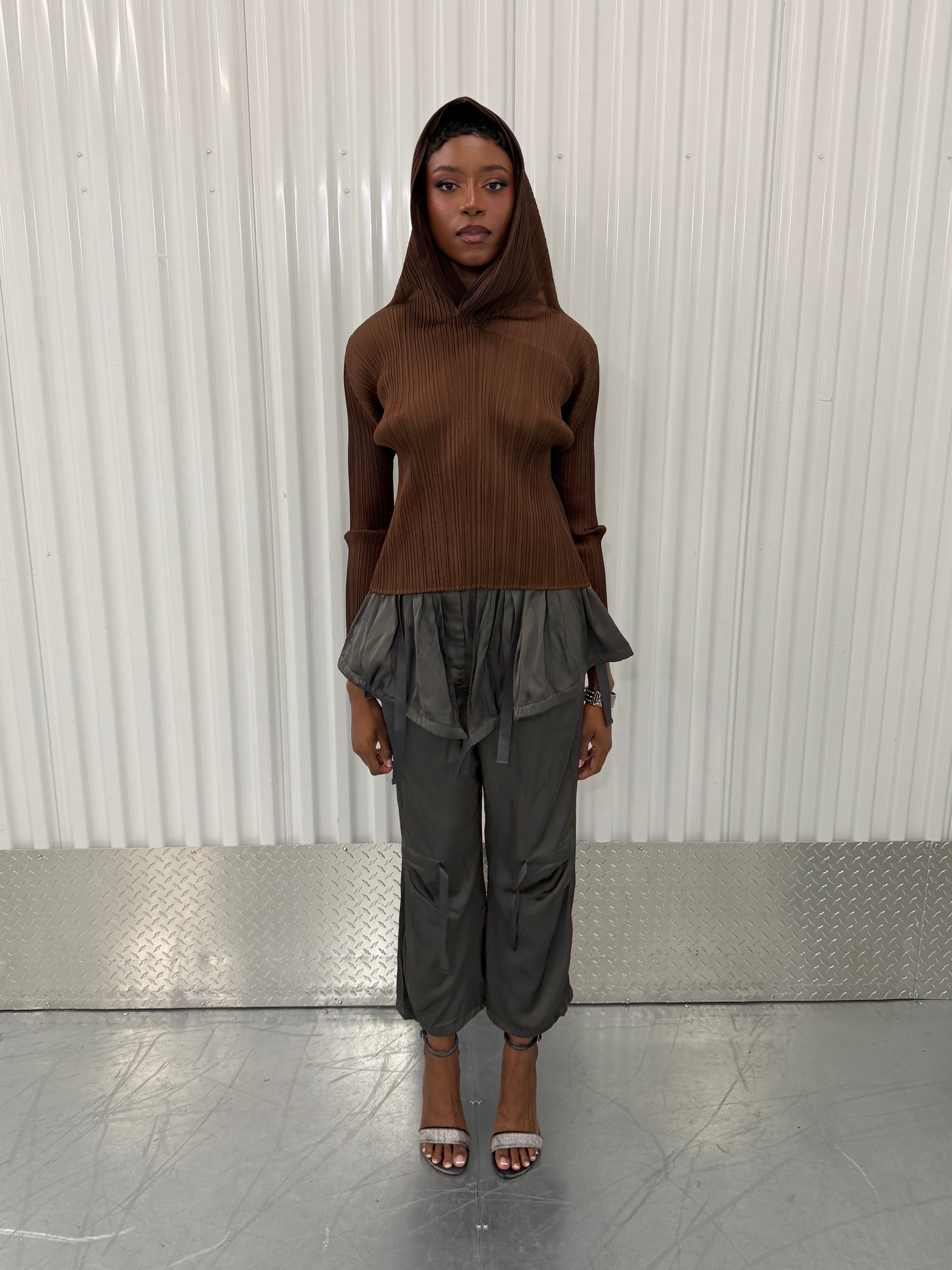 pleats please brown hooded shirt