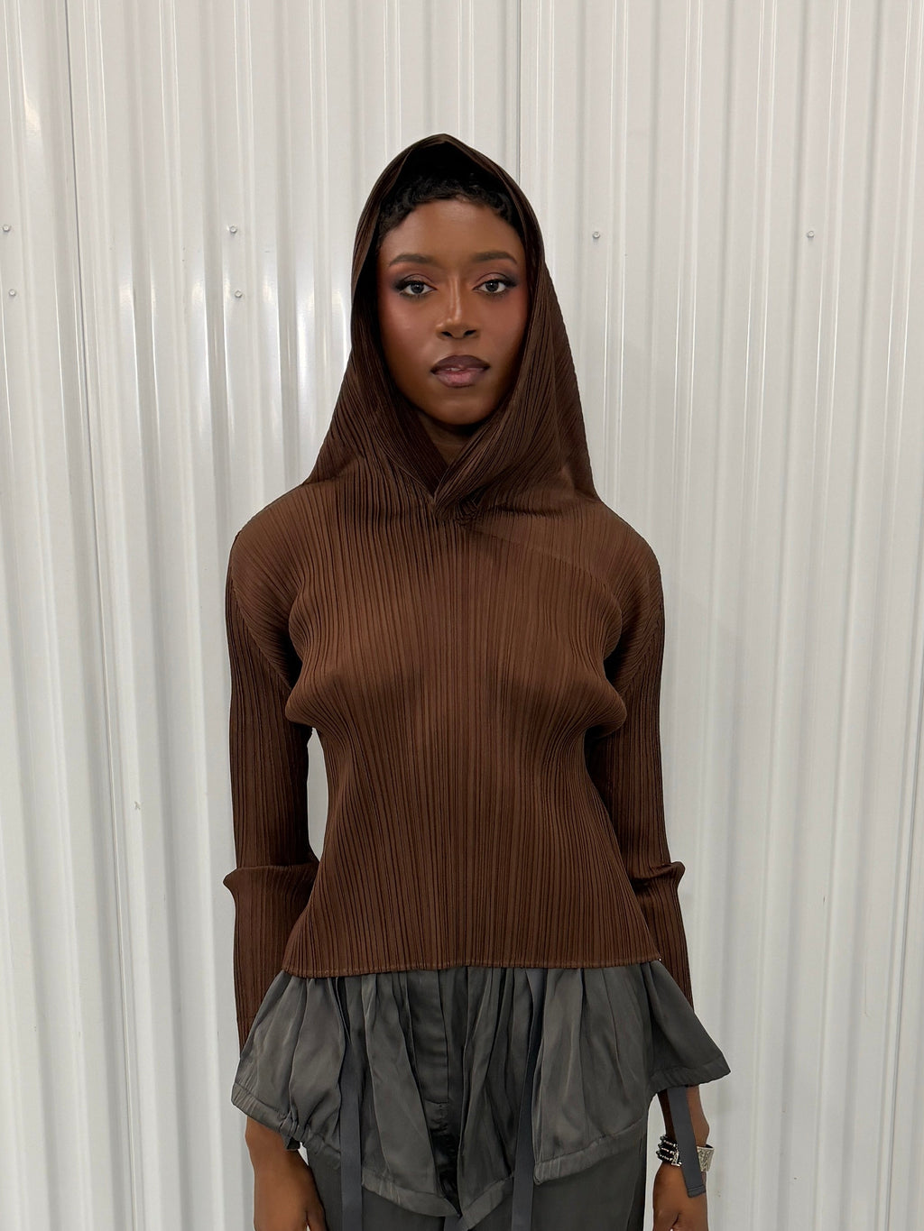 pleats please brown hooded shirt