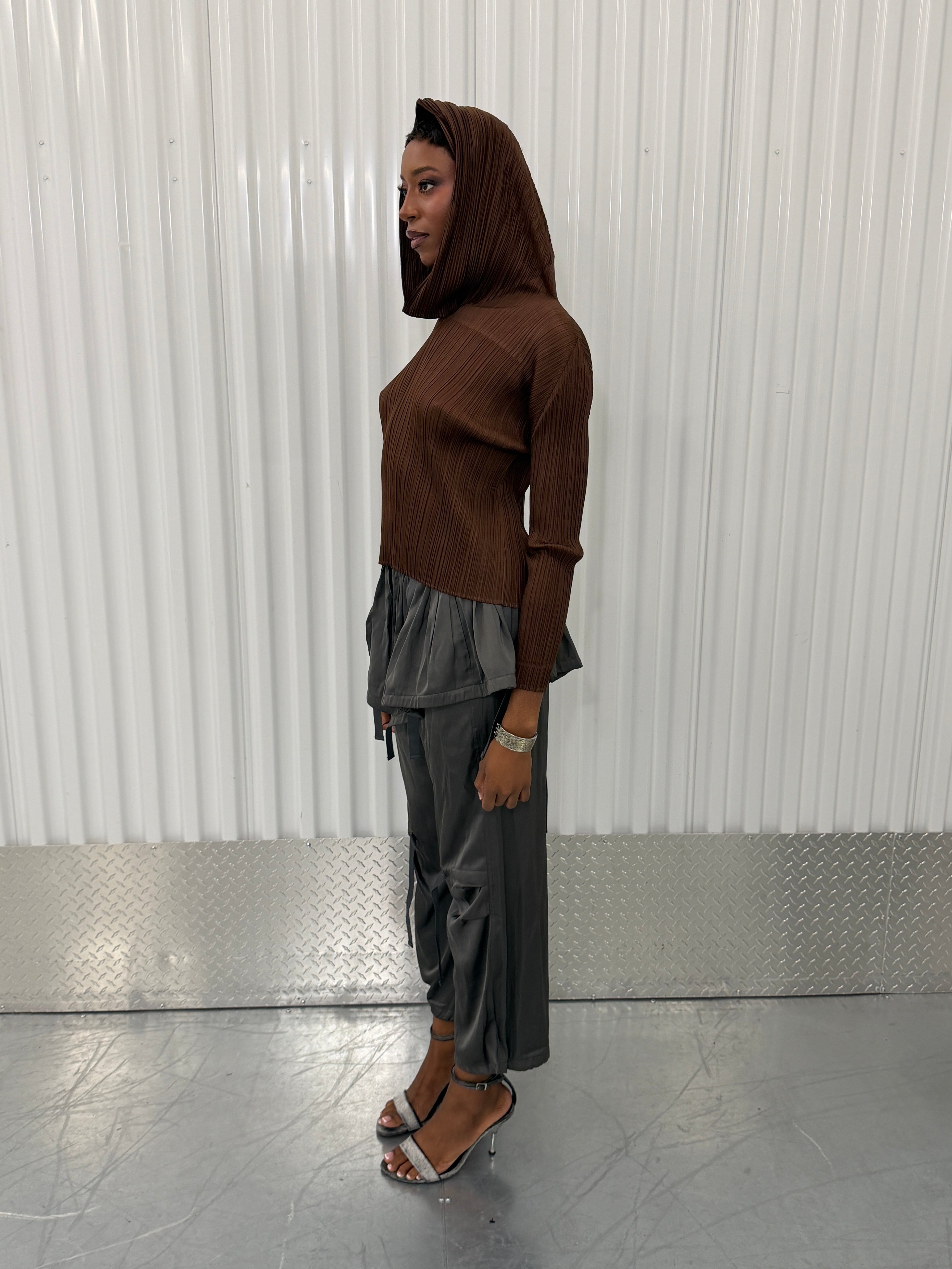 pleats please brown hooded shirt