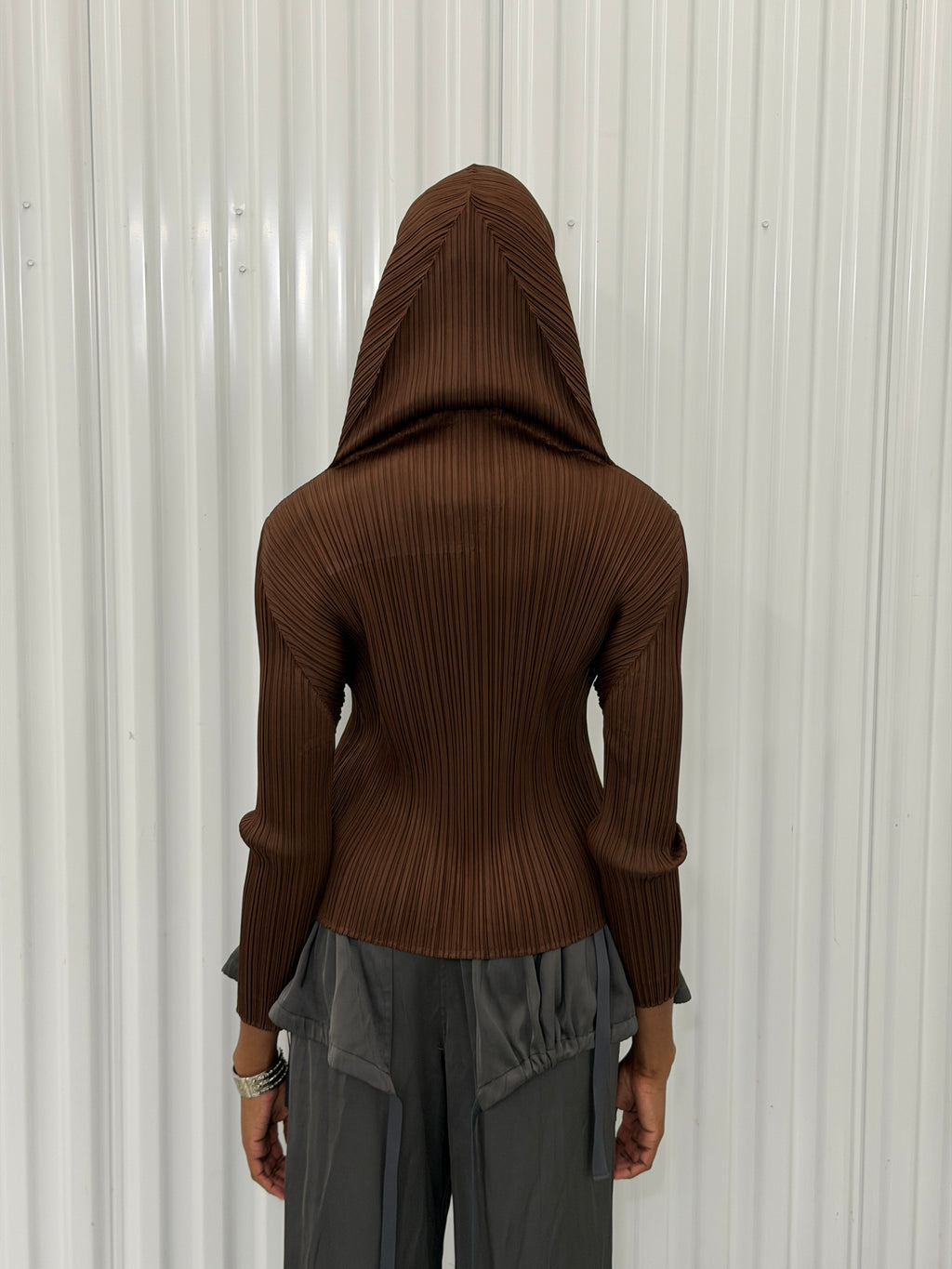 pleats please brown hooded shirt