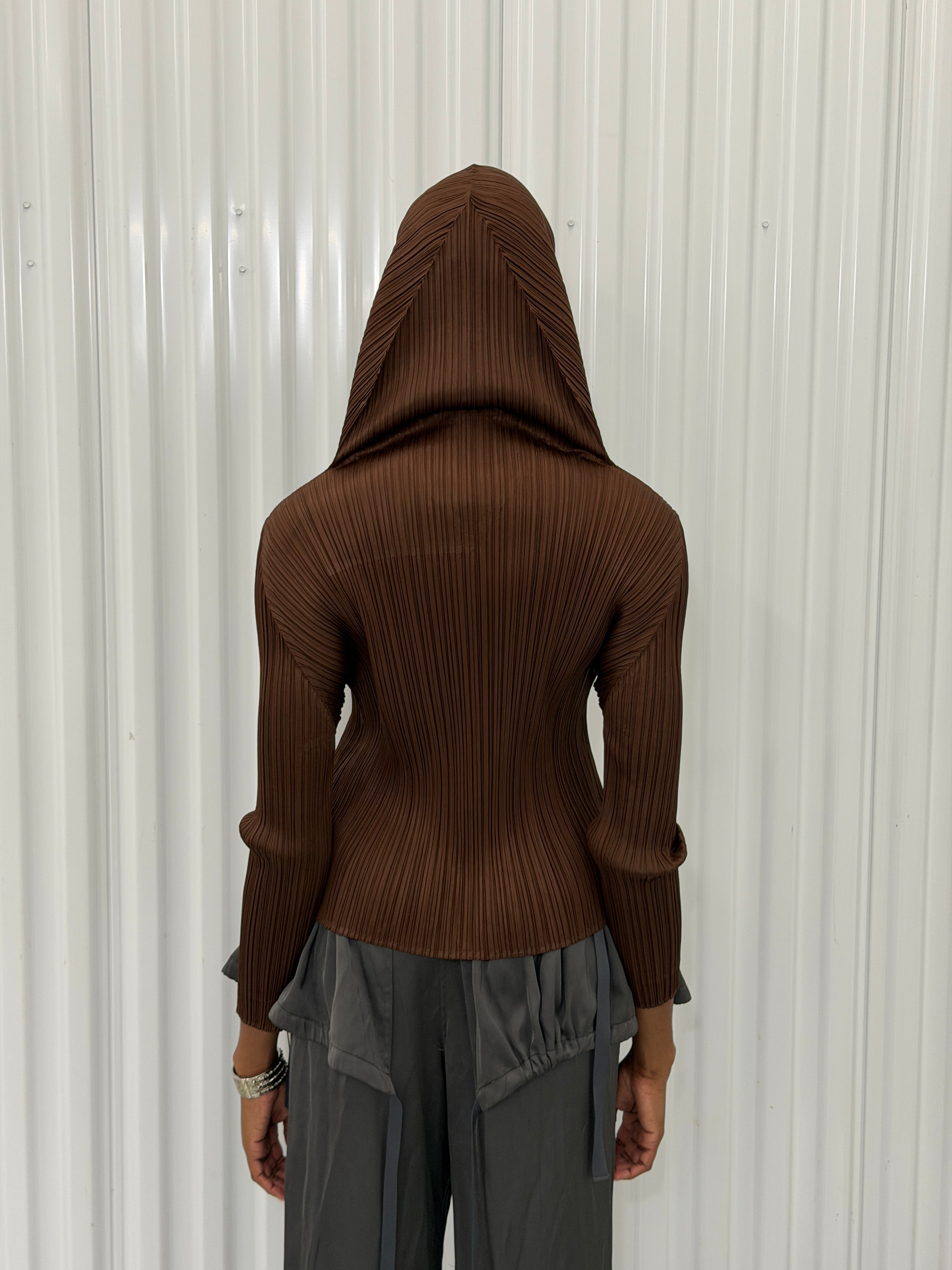 pleats please brown hooded shirt