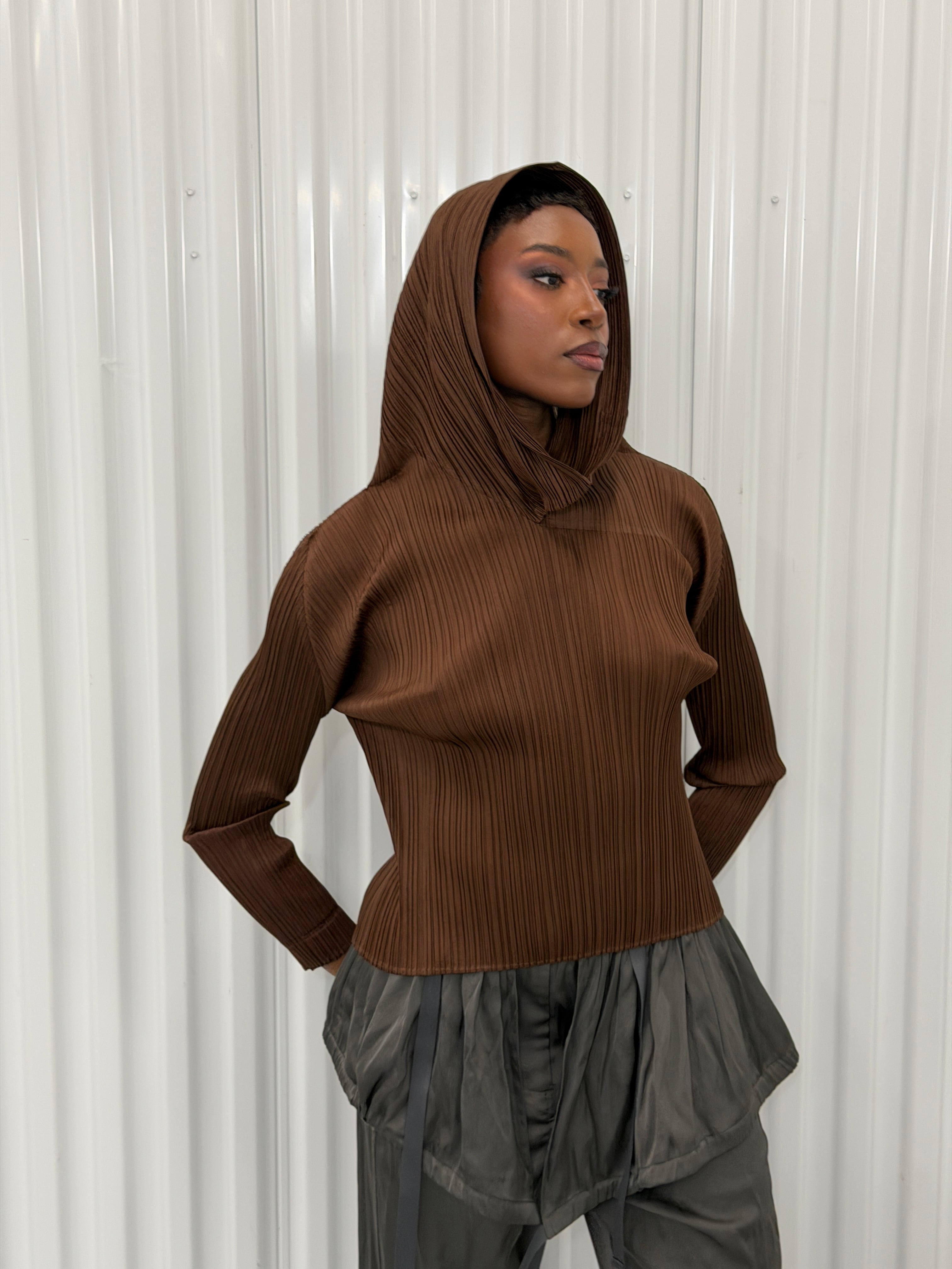 pleats please brown hooded shirt
