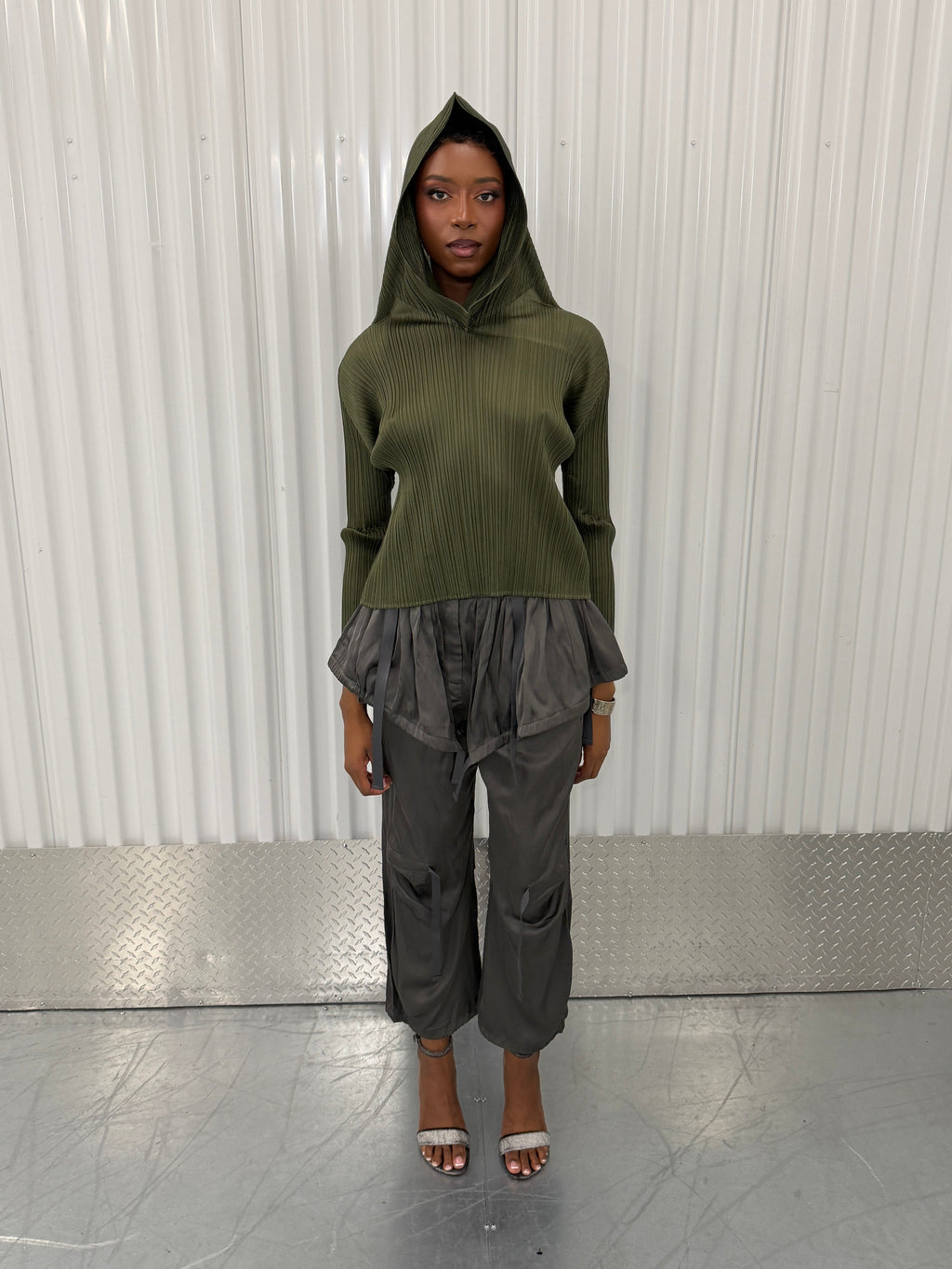 pleats please khaki hooded shirt