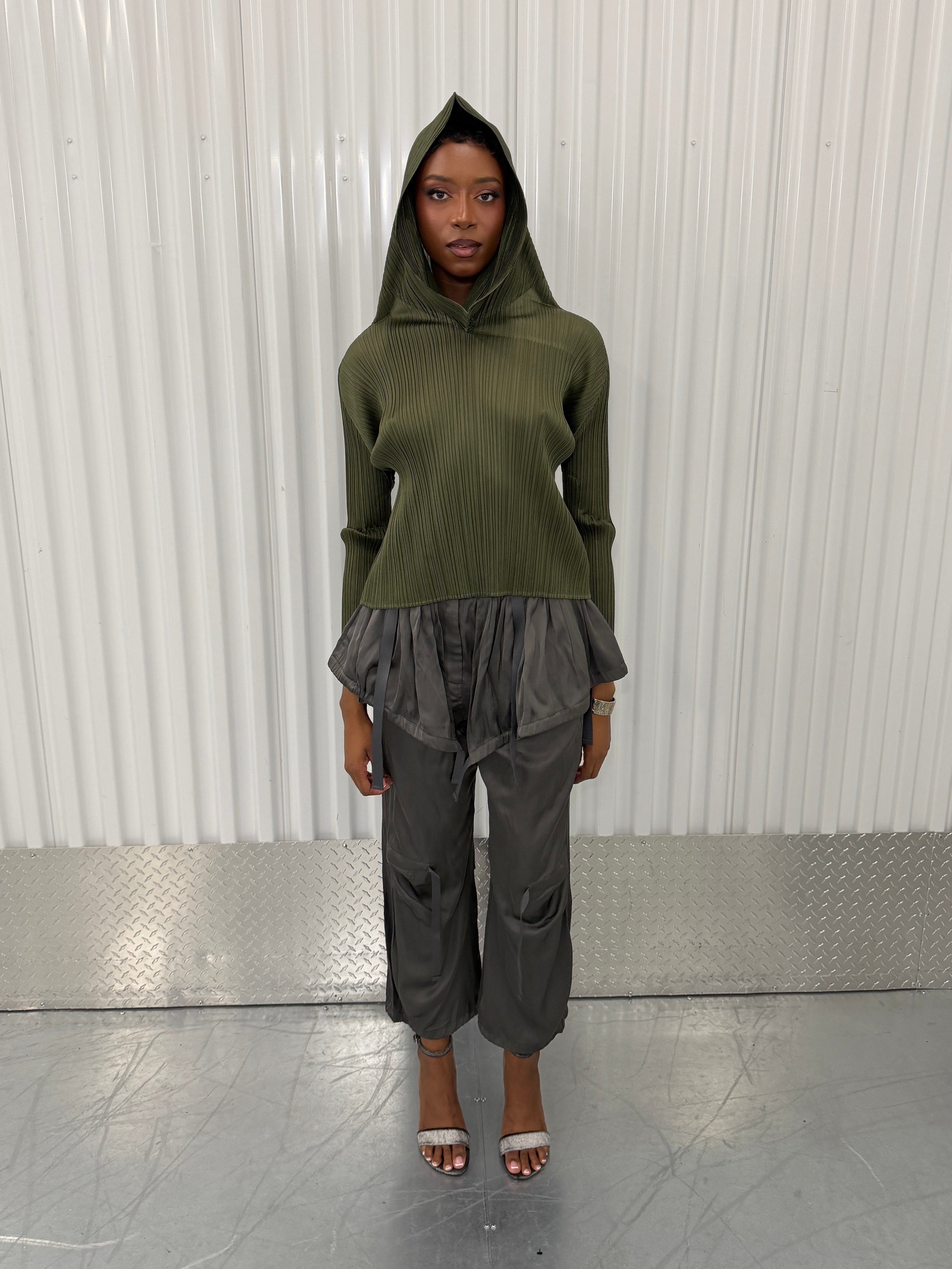 pleats please khaki hooded shirt