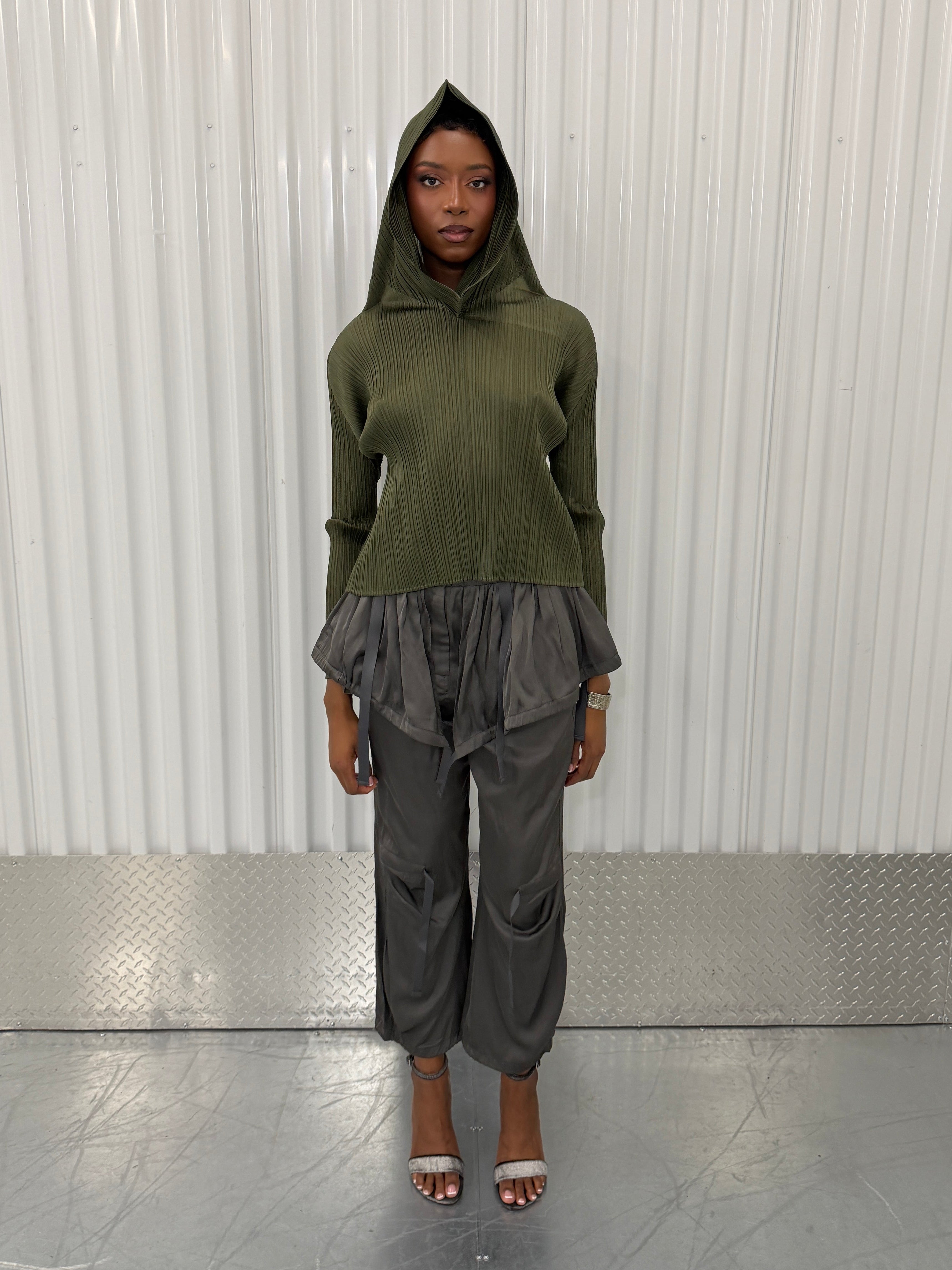 pleats please khaki hooded shirt