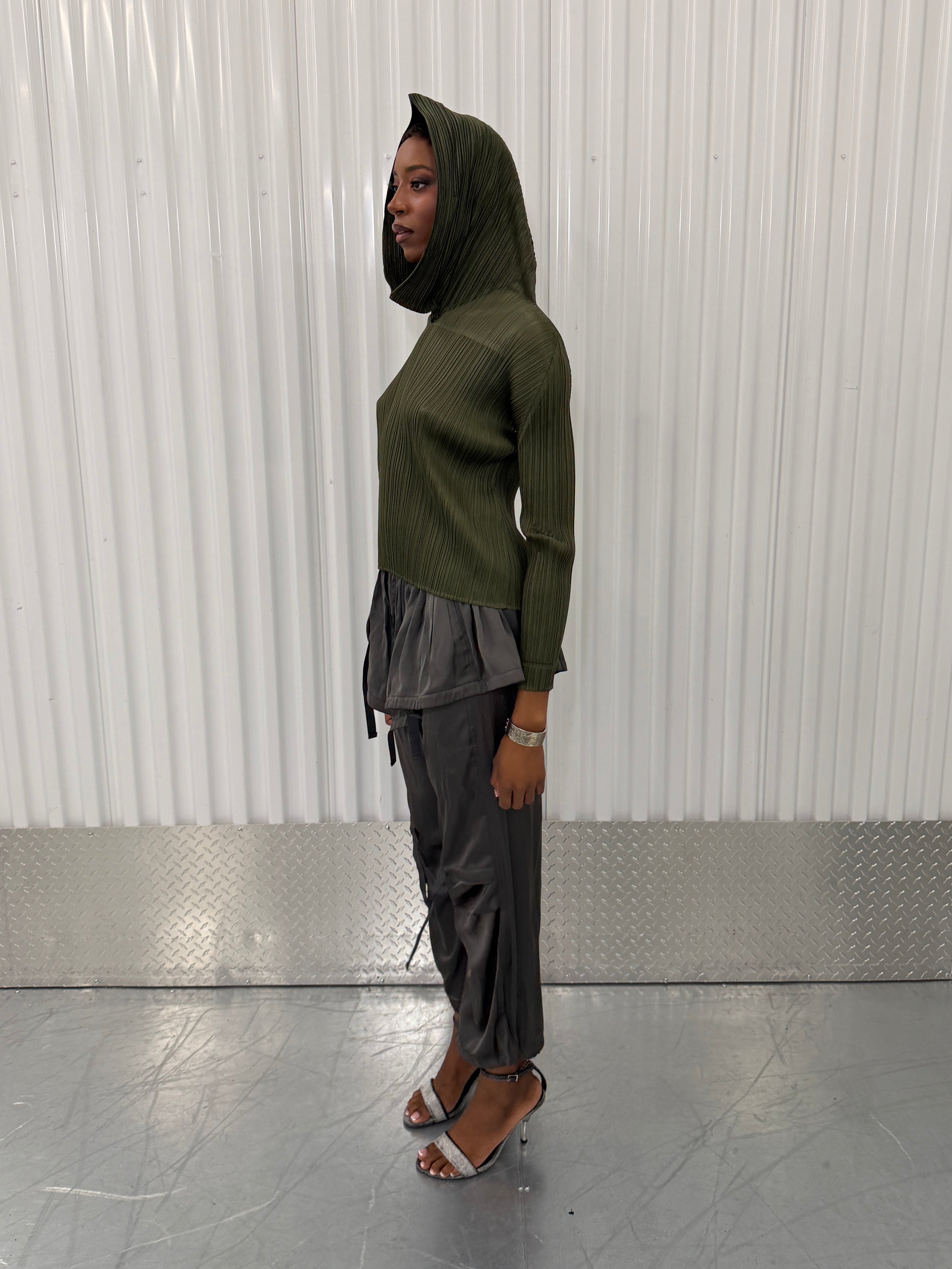 pleats please khaki hooded shirt