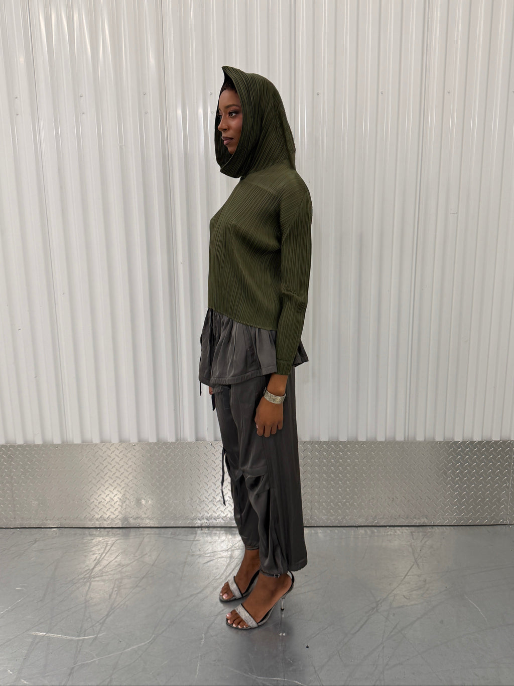 pleats please khaki hooded shirt