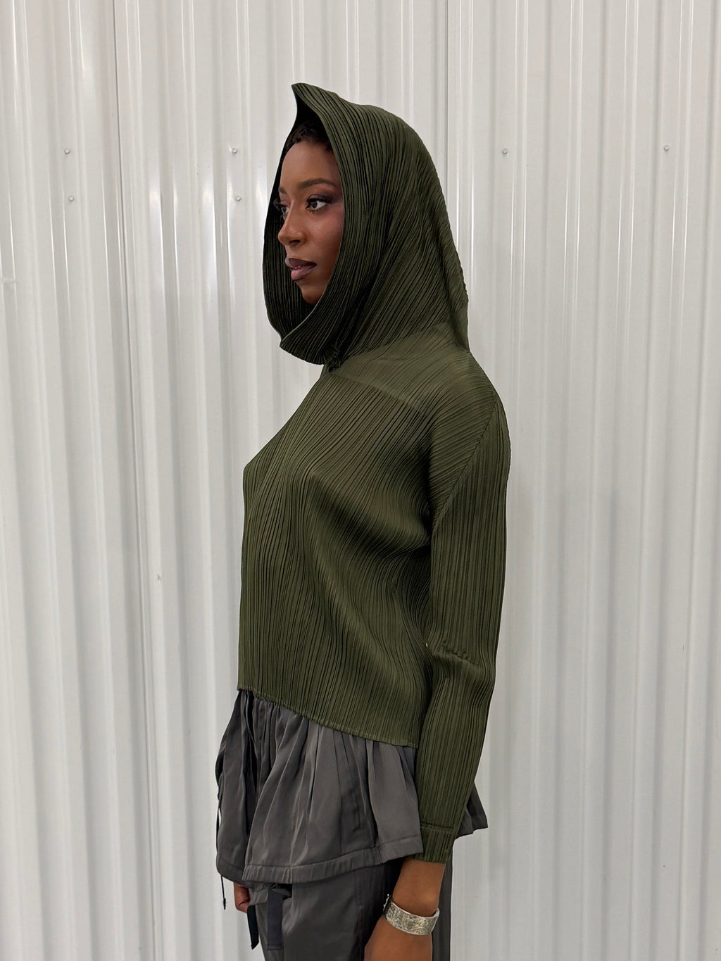 pleats please khaki hooded shirt