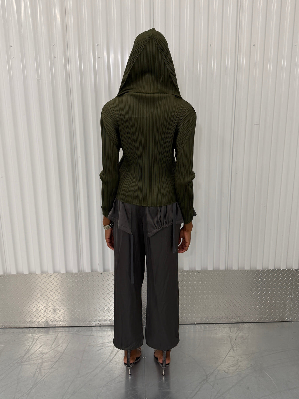 pleats please khaki hooded shirt