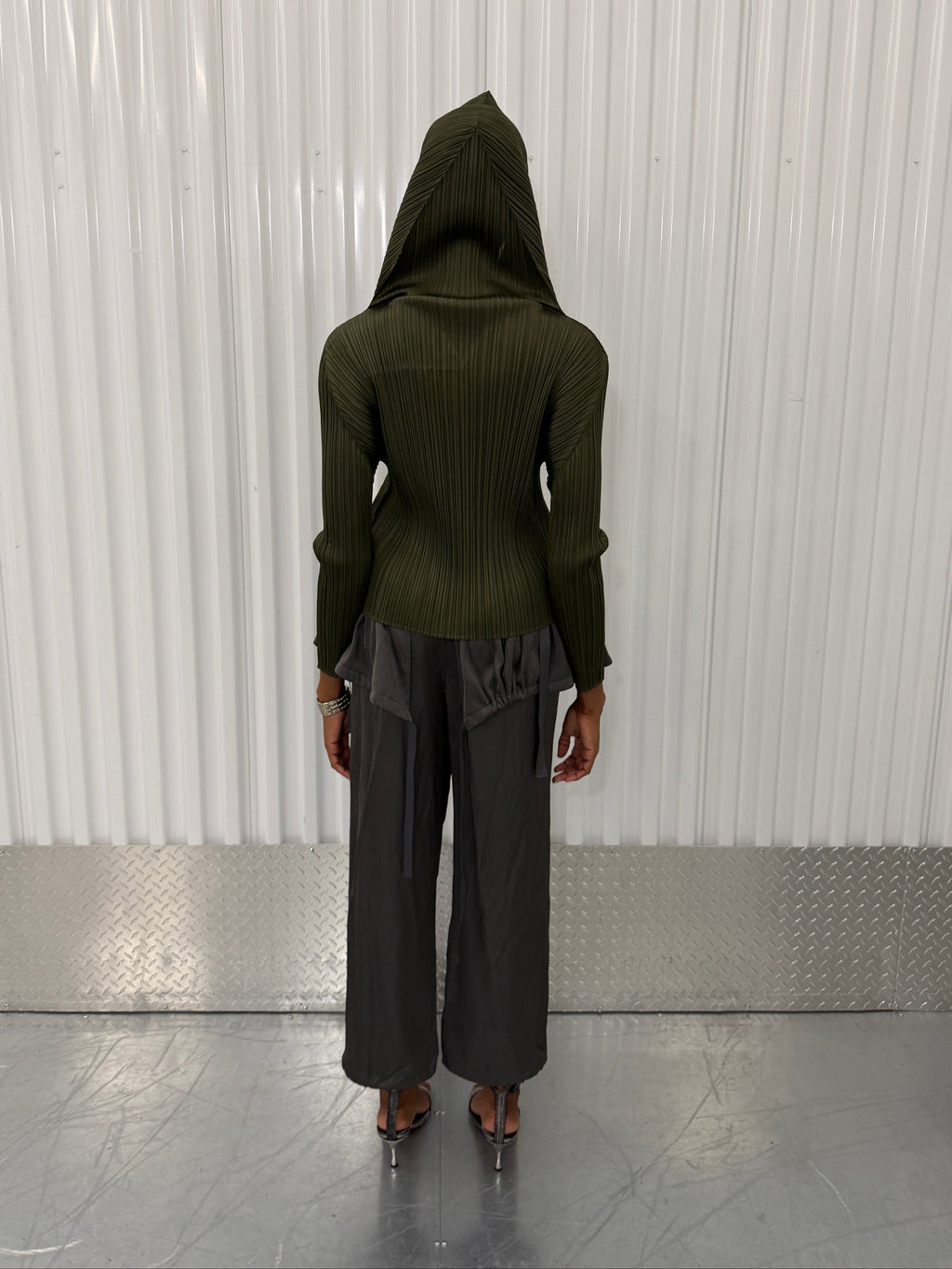 pleats please khaki hooded shirt