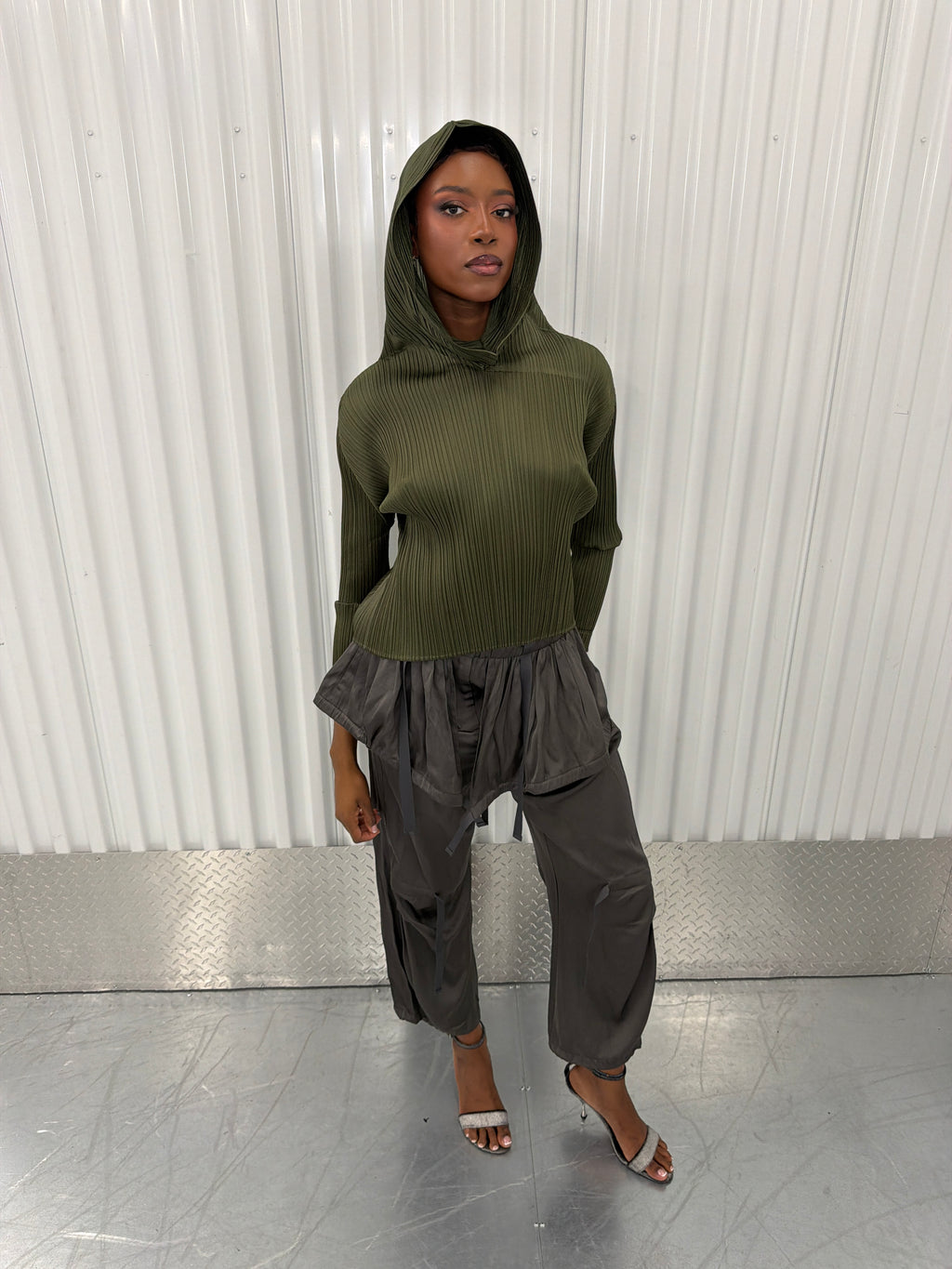 pleats please khaki hooded shirt