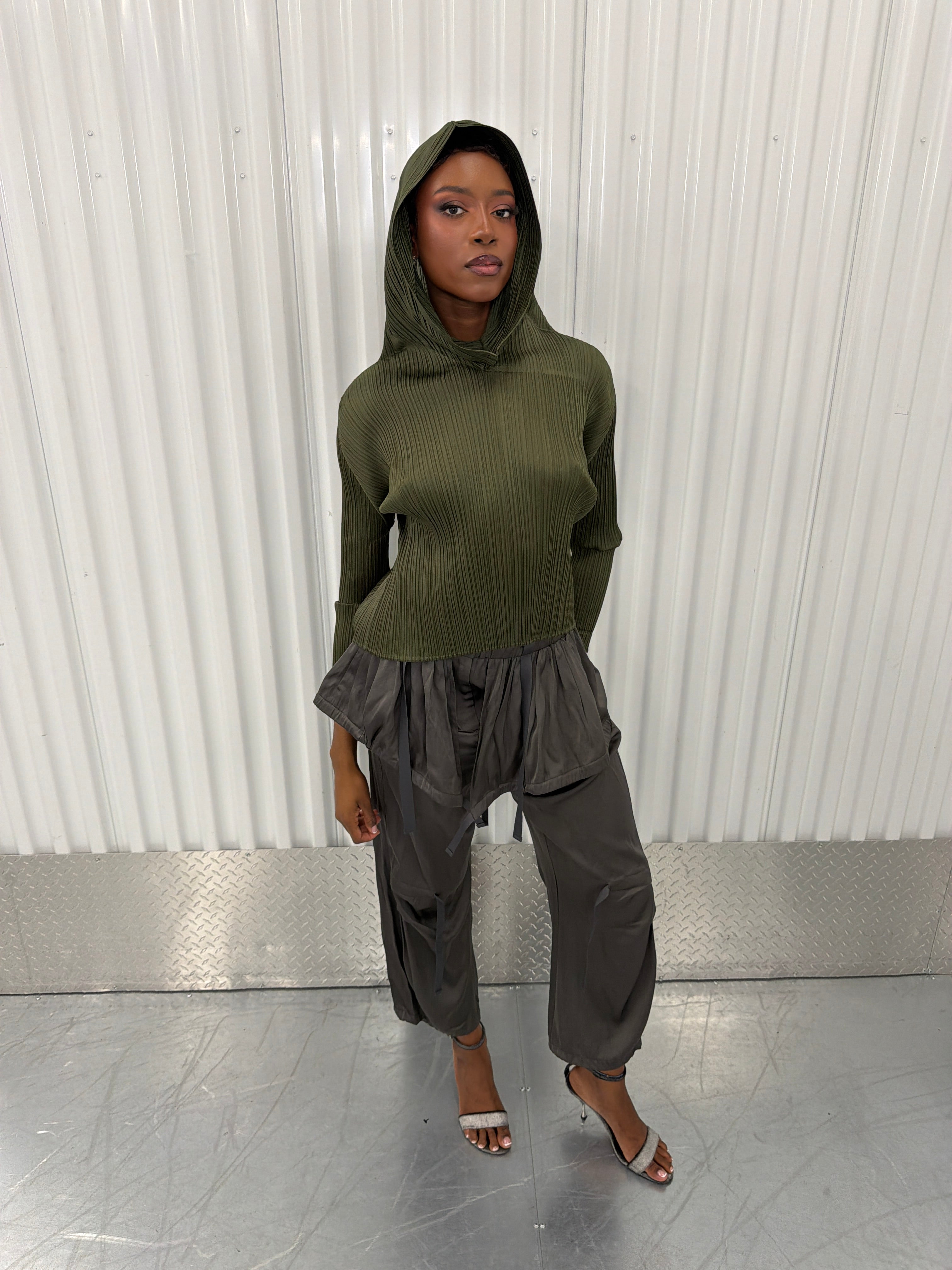 pleats please khaki hooded shirt
