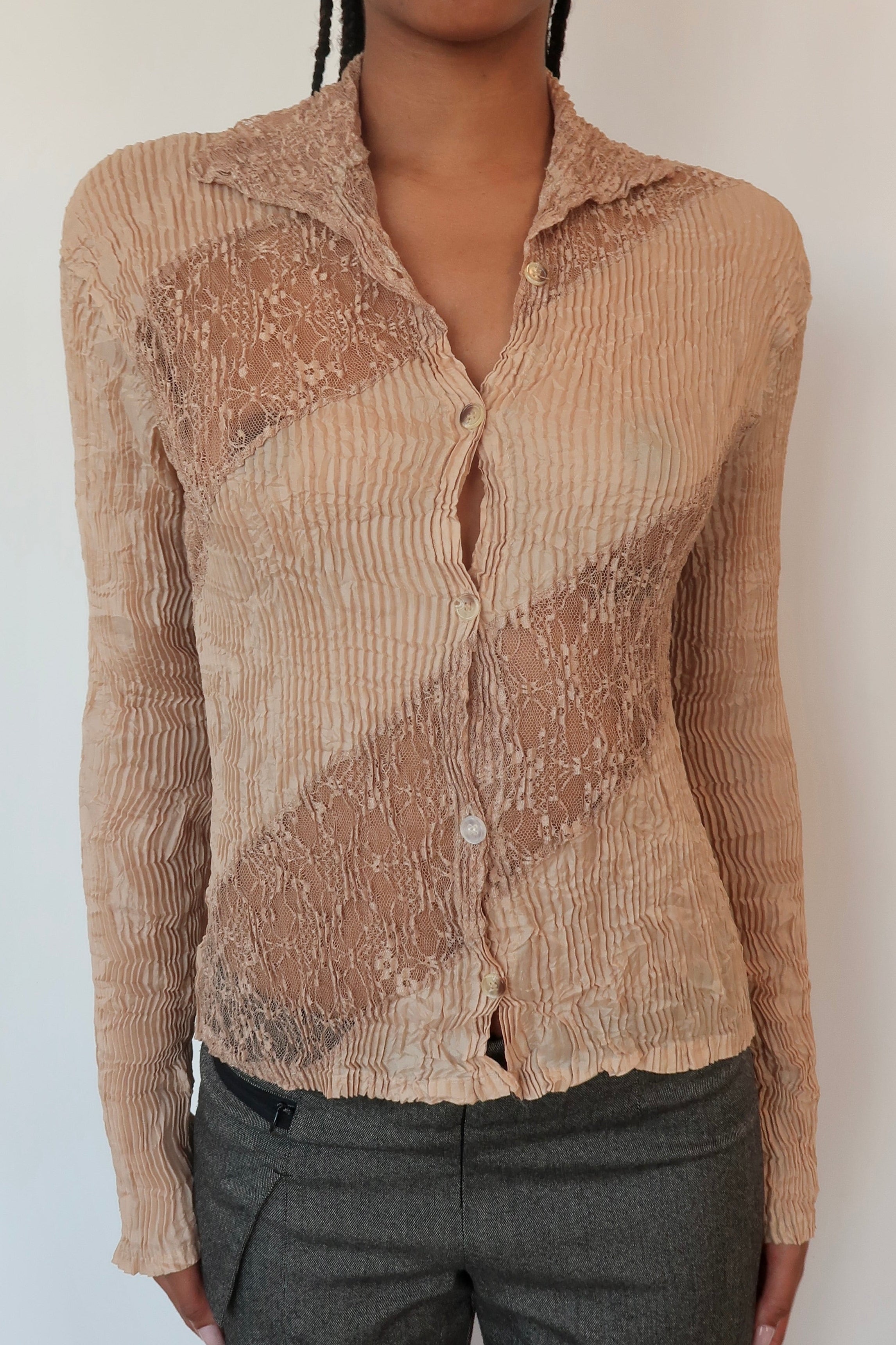 issey miyake biege pleated lace blouse