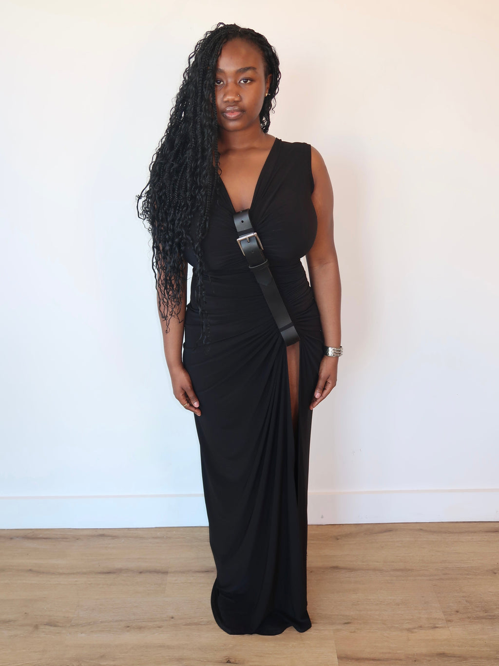 sid neigum gathered belt maxi dress