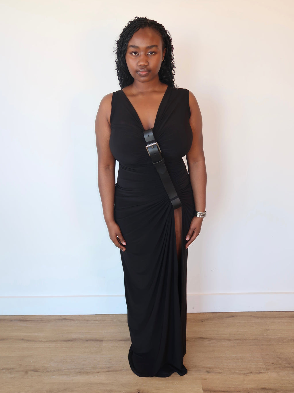 sid neigum gathered belt maxi dress