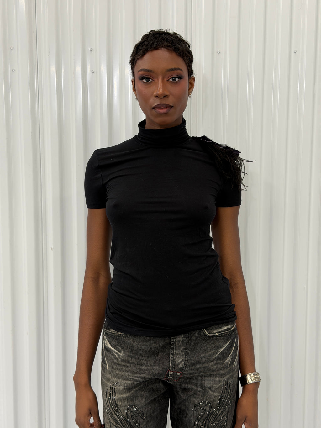 patrizia pepe cold shoulder detachable feather top