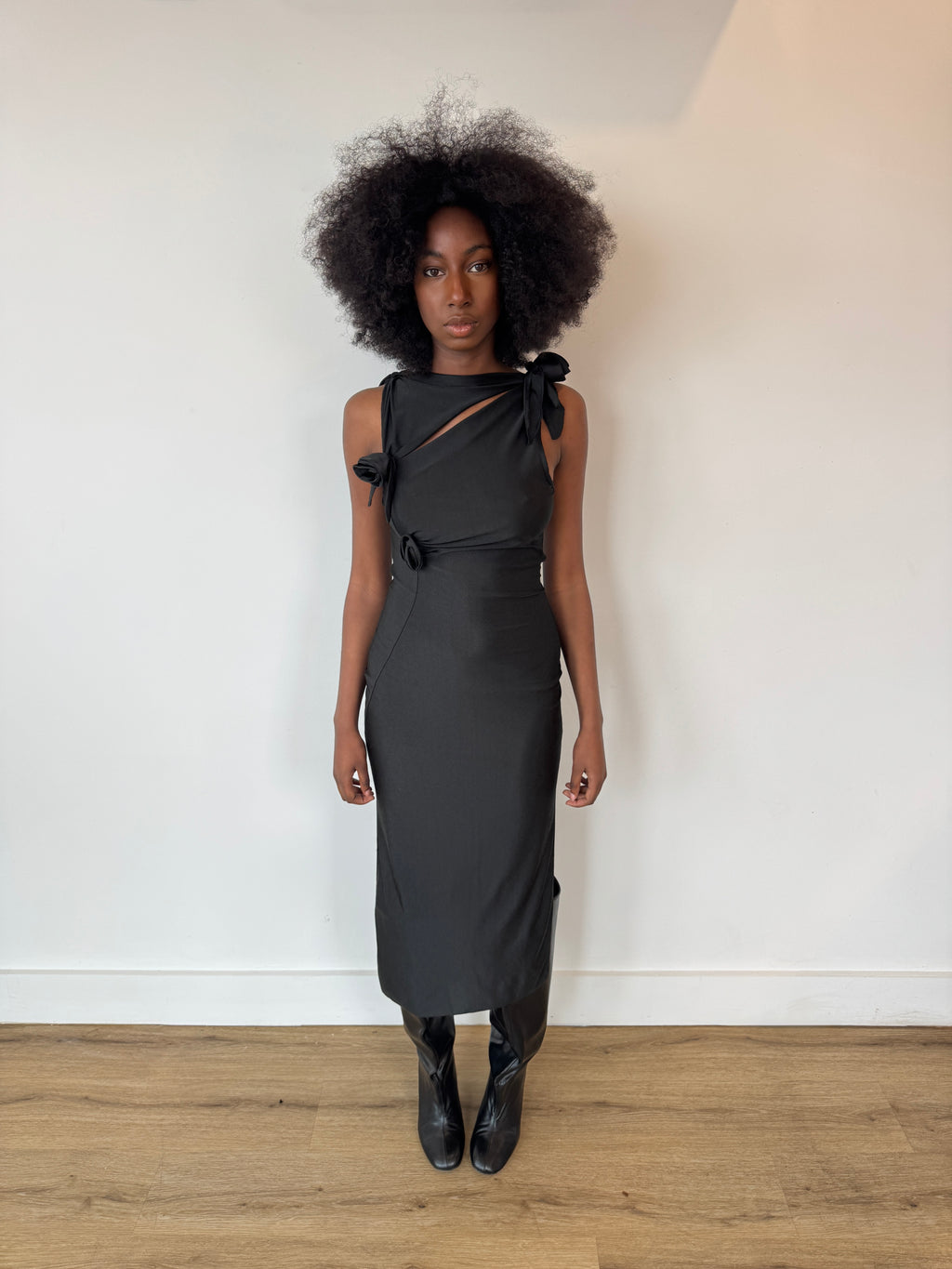 coperni black 3d flower maxi dress in black