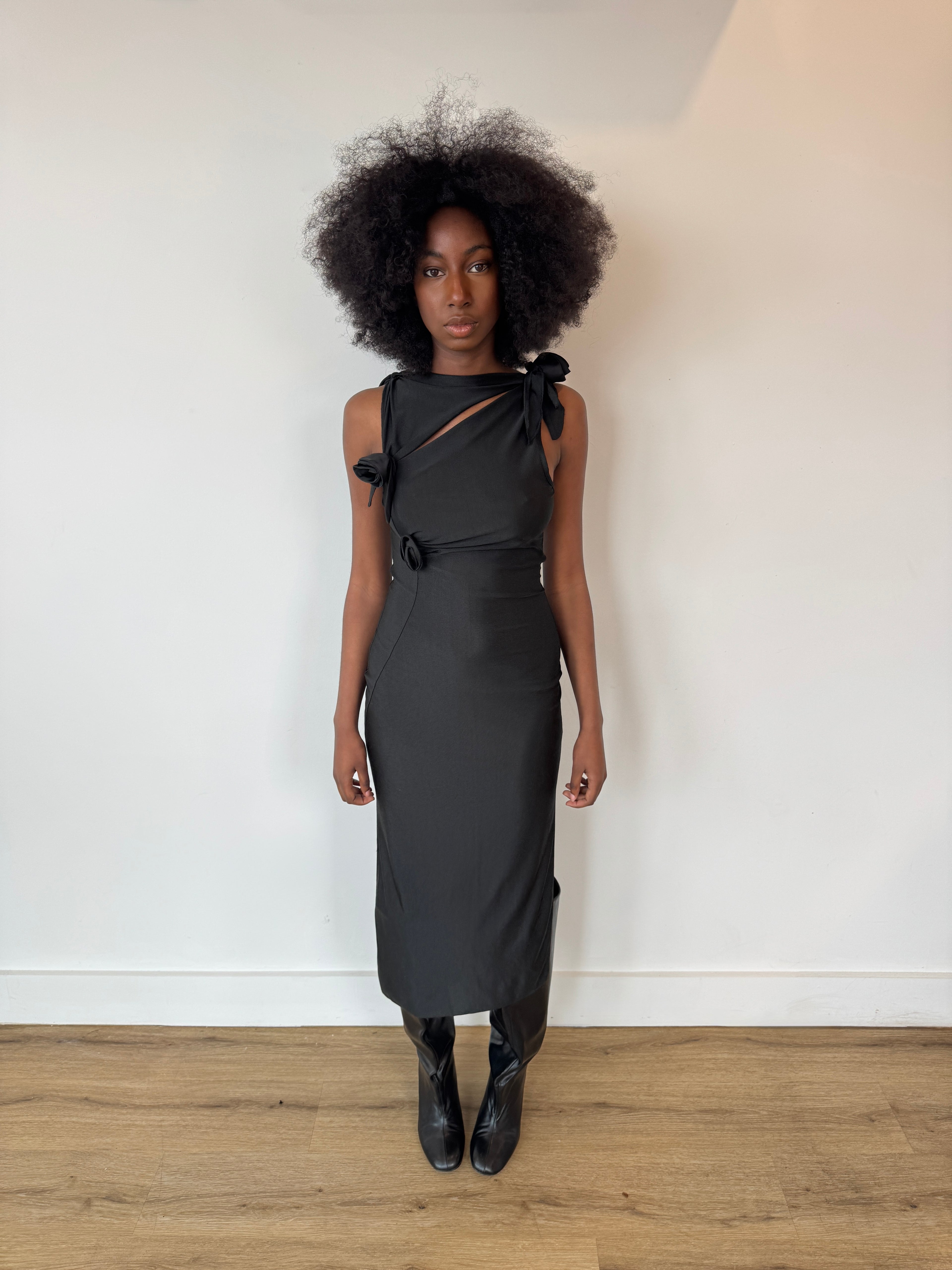 coperni black 3d flower maxi dress in black