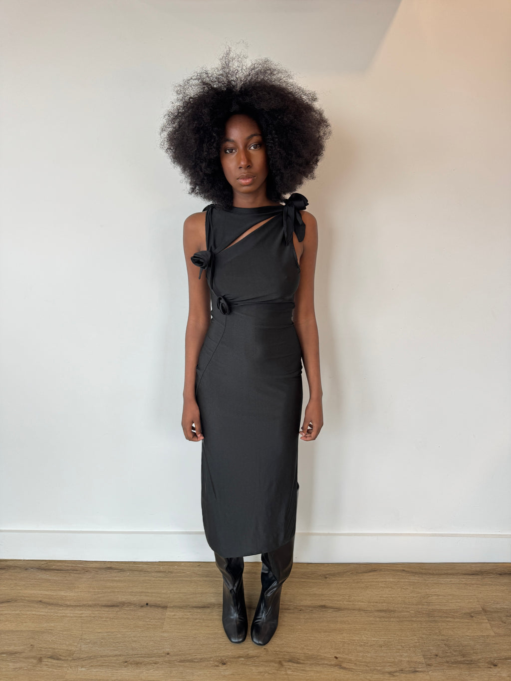 coperni black 3d flower maxi dress in black