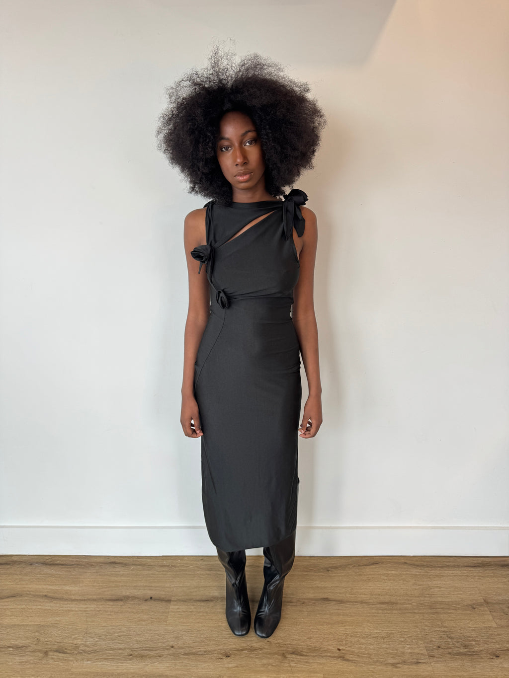 coperni black 3d flower maxi dress in black