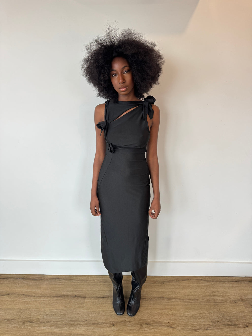 coperni black 3d flower maxi dress in black