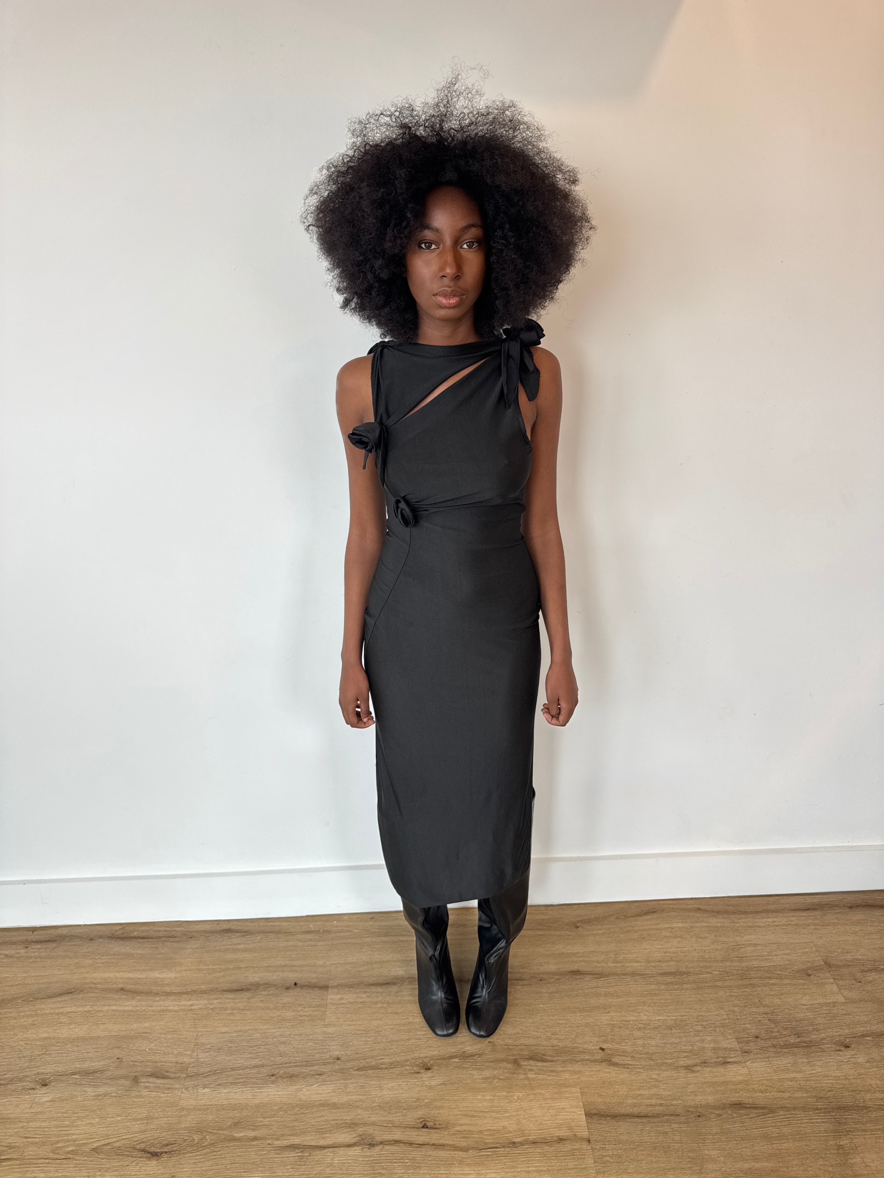 coperni black 3d flower maxi dress in black