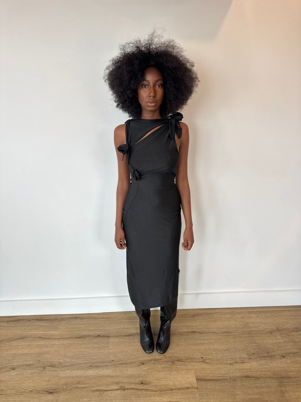 coperni black 3d flower maxi dress in black